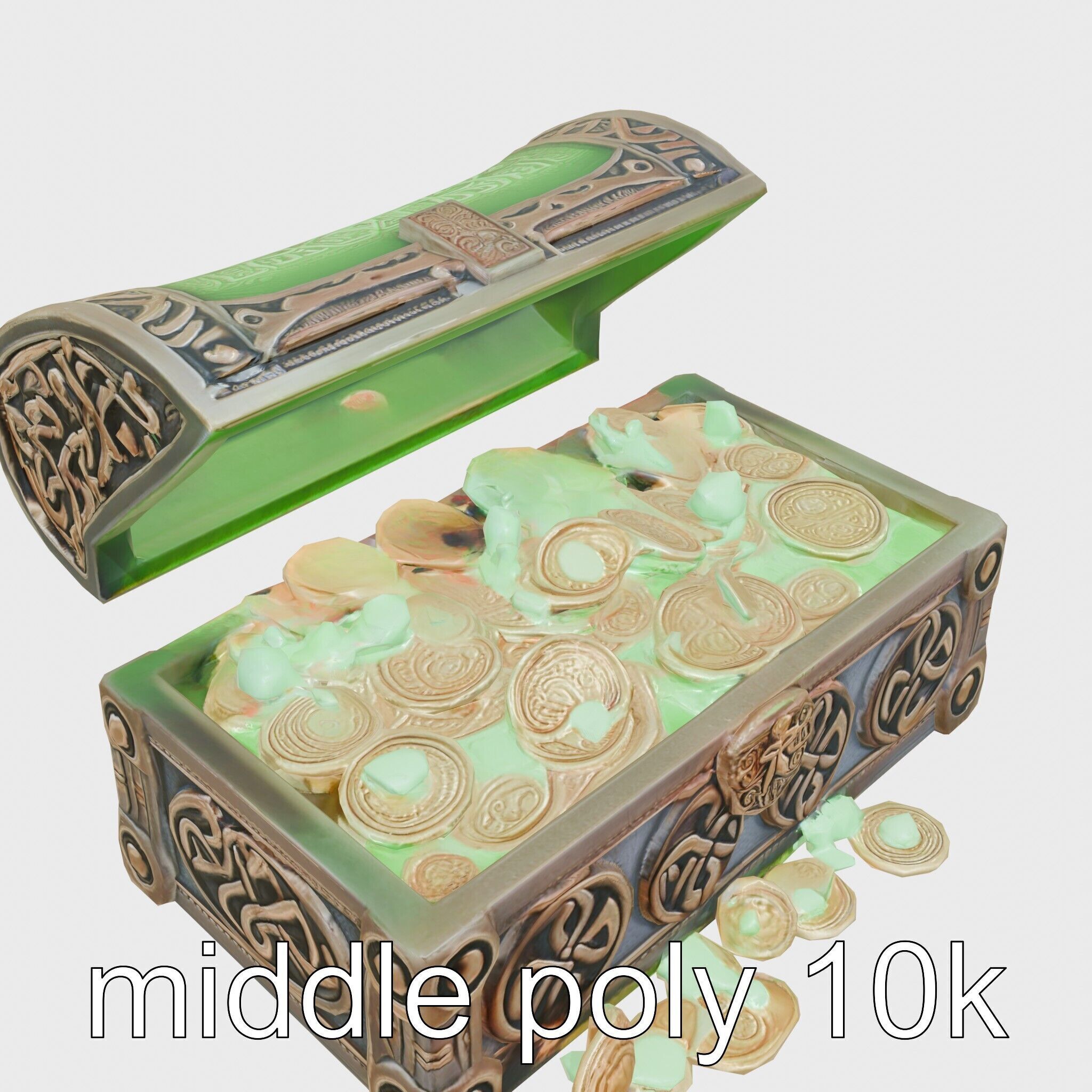 Celtic Open Treasure Chest with Emeralds and Ancient Coins Low-poly 3D model_12