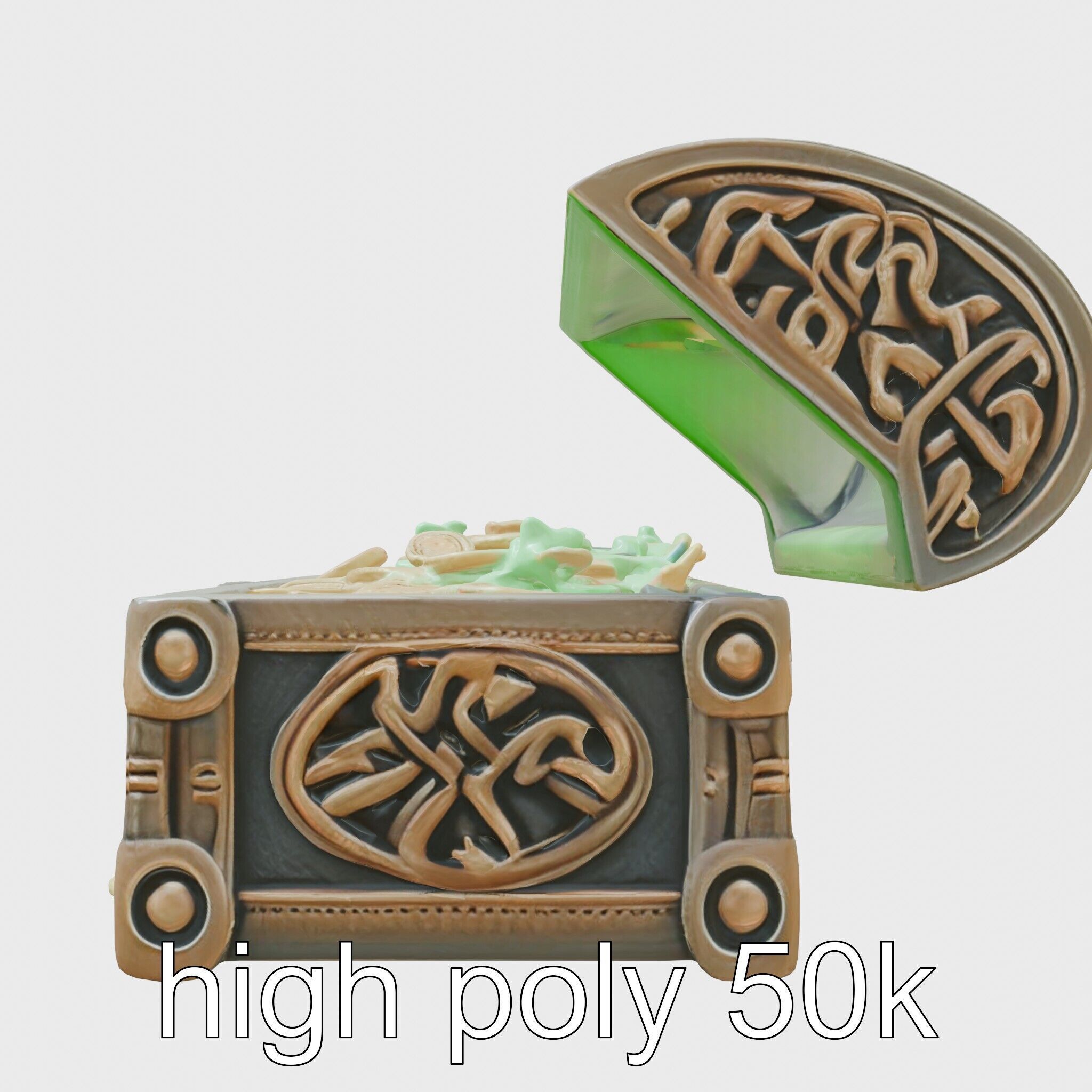 Celtic Open Treasure Chest with Emeralds and Ancient Coins Low-poly 3D model_11