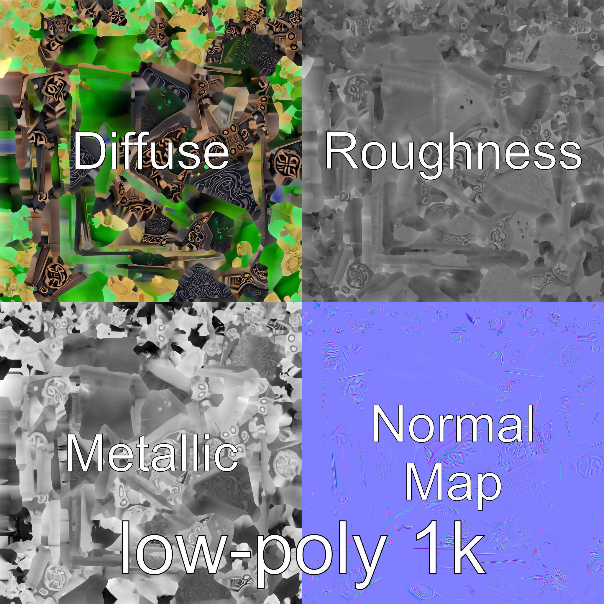 Celtic Open Treasure Chest with Emeralds and Ancient Coins Low-poly 3D model_4