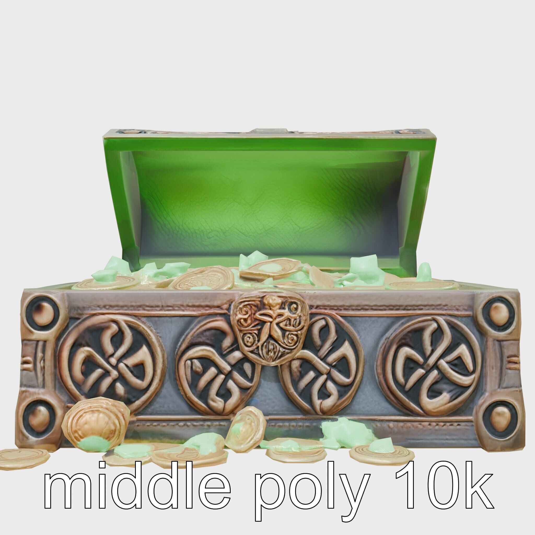 Celtic Open Treasure Chest with Emeralds and Ancient Coins Low-poly 3D model_27