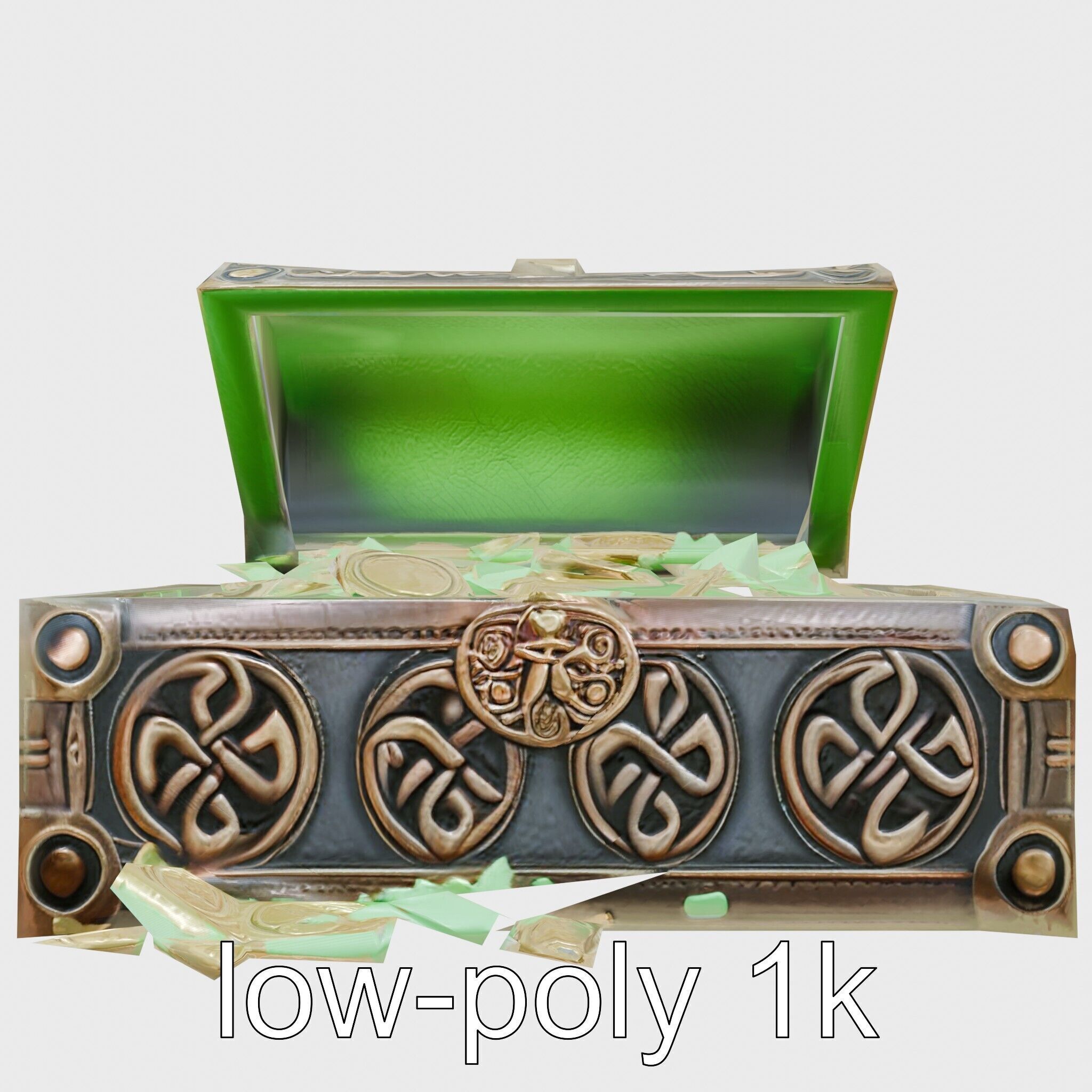 Celtic Open Treasure Chest with Emeralds and Ancient Coins Low-poly 3D model_25