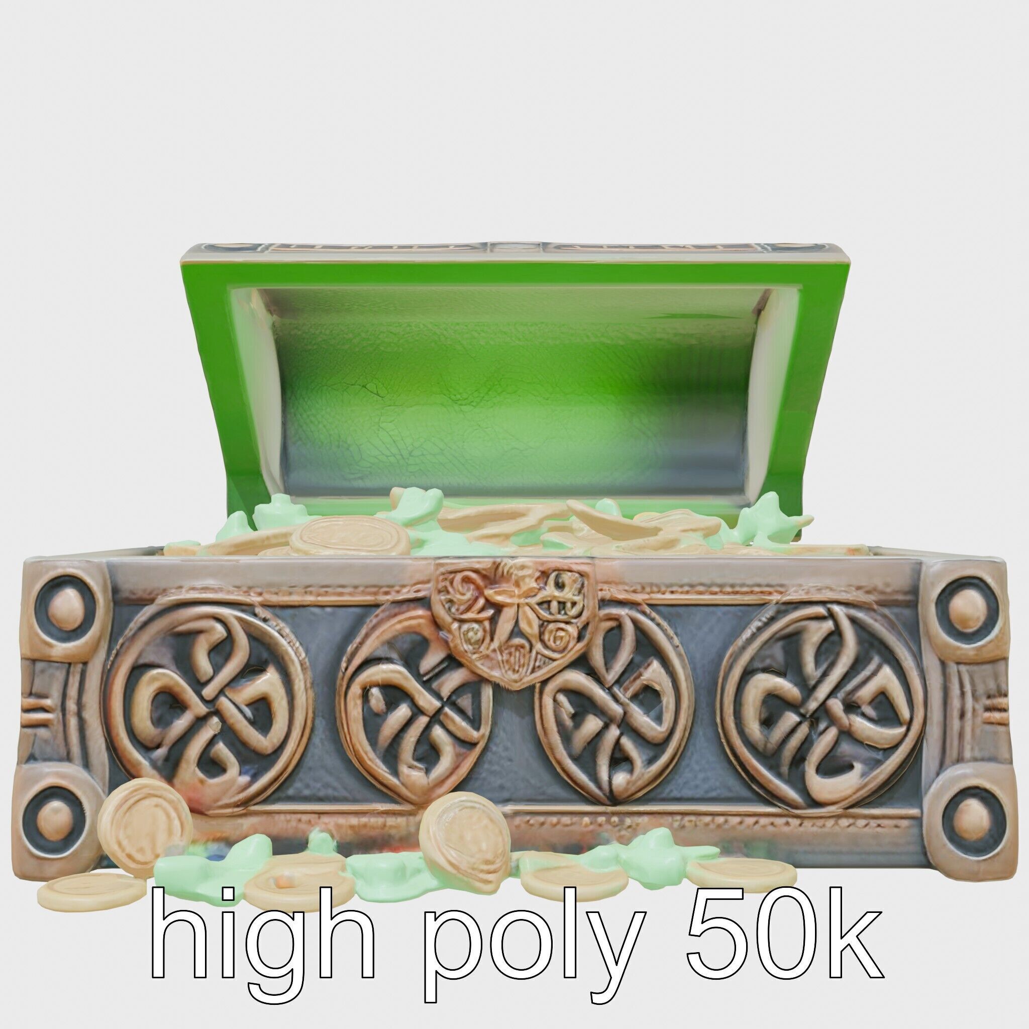Celtic Open Treasure Chest with Emeralds and Ancient Coins Low-poly 3D model_17