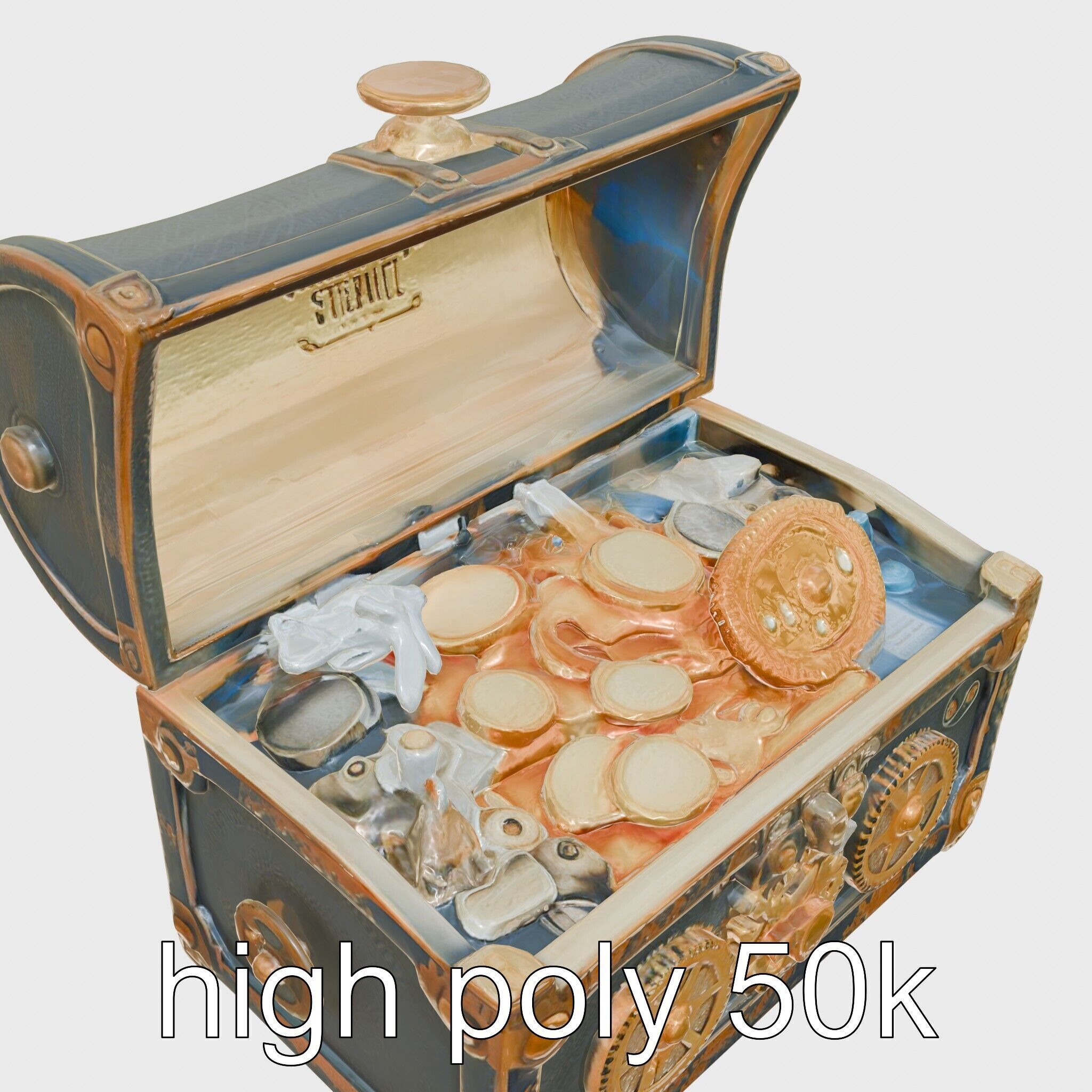 Steampunk Treasure Chest with Mechanical Details Low-poly 3D model_24