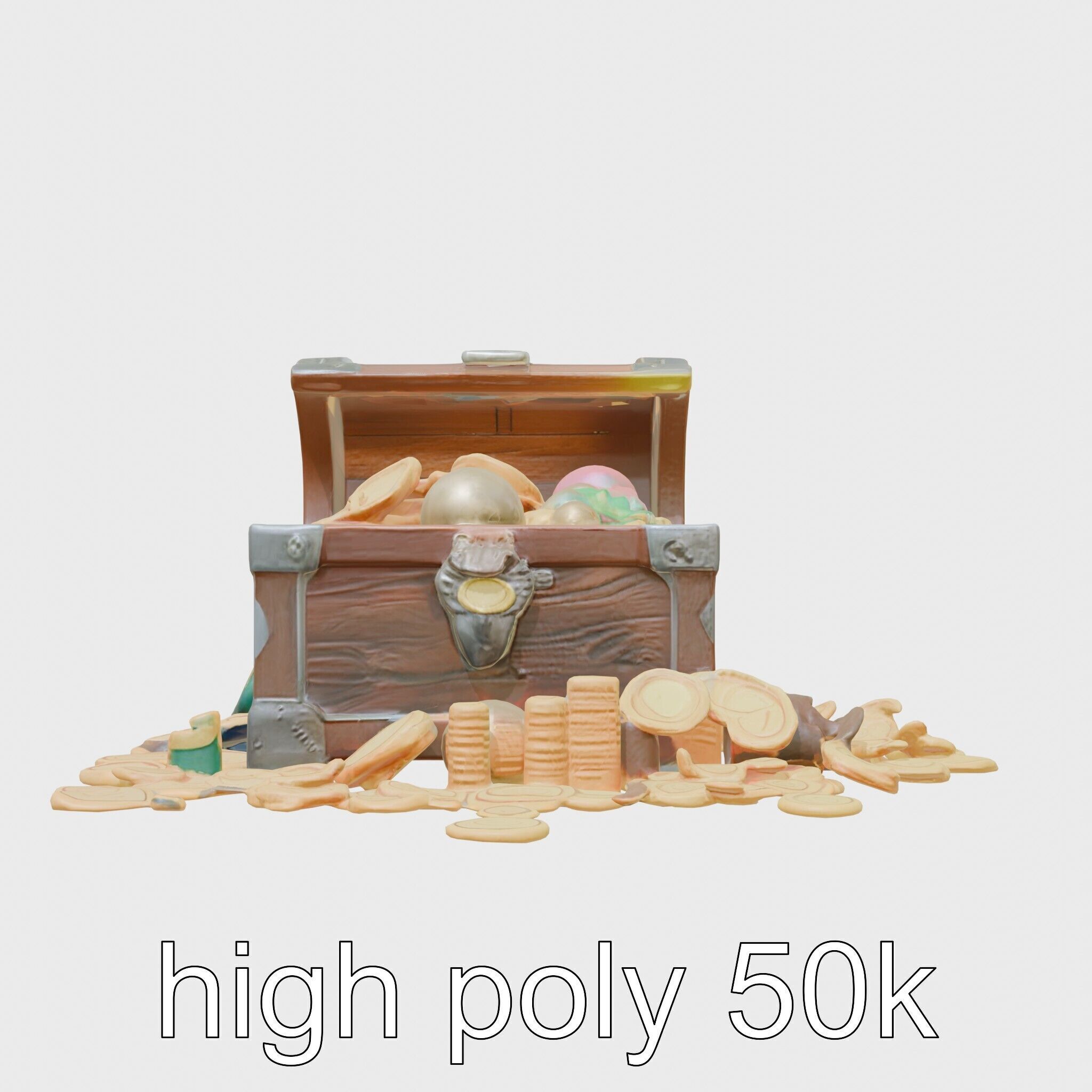 Open Treasure Chest with Gold Coins and Gems Low-poly 3D model_29