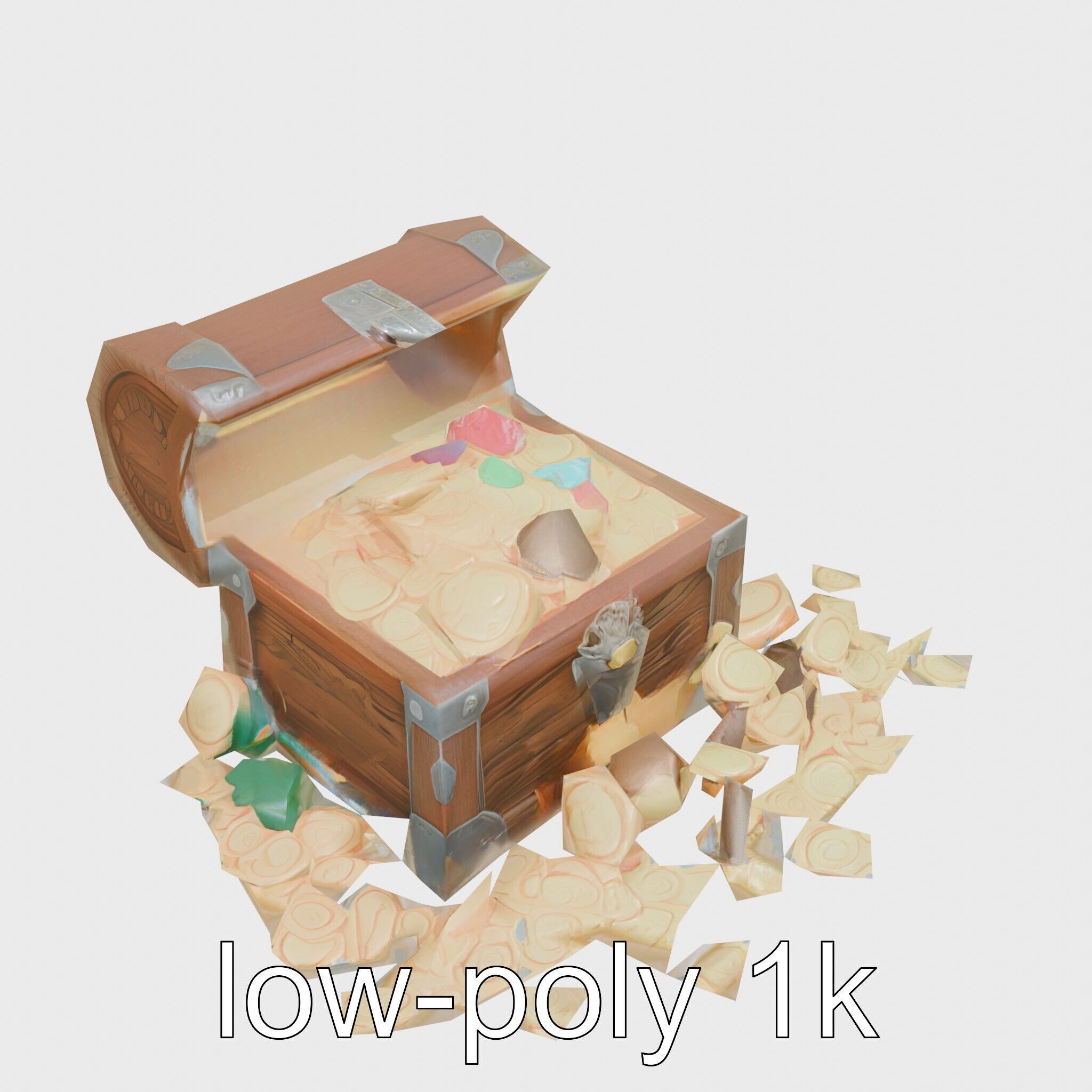 Open Treasure Chest with Gold Coins and Gems Low-poly 3D model_30