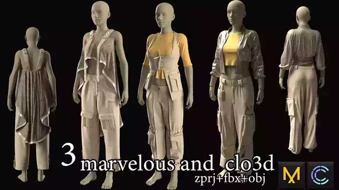 three 3d model in marvelous designer