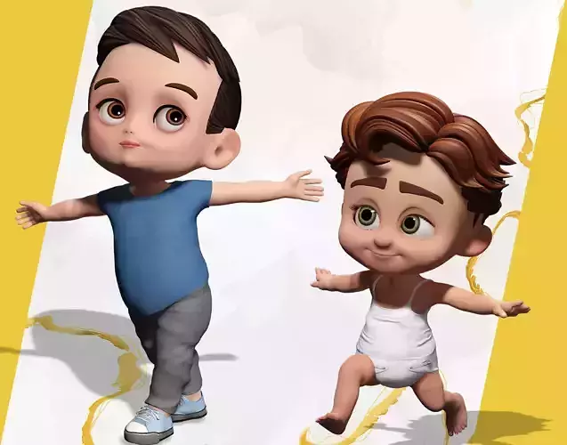 Cartoon Baby Twin Rigged  3D Model Collection