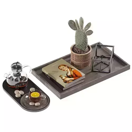 Coffee set 14 - tray pot cup books figurine plant pot  3D model