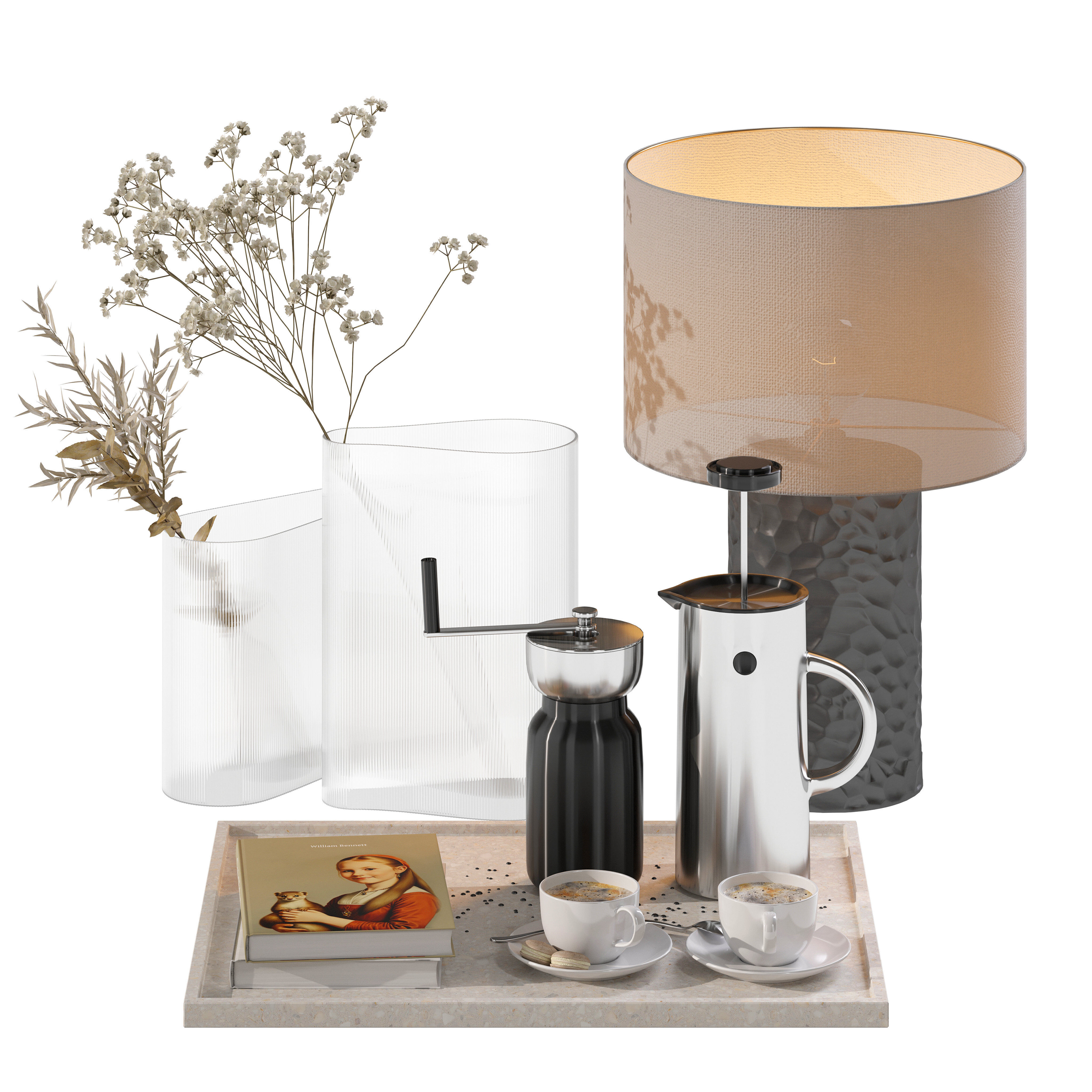 Coffee set 15 - tray pot cup books bouquet pot lamp 3D model_4