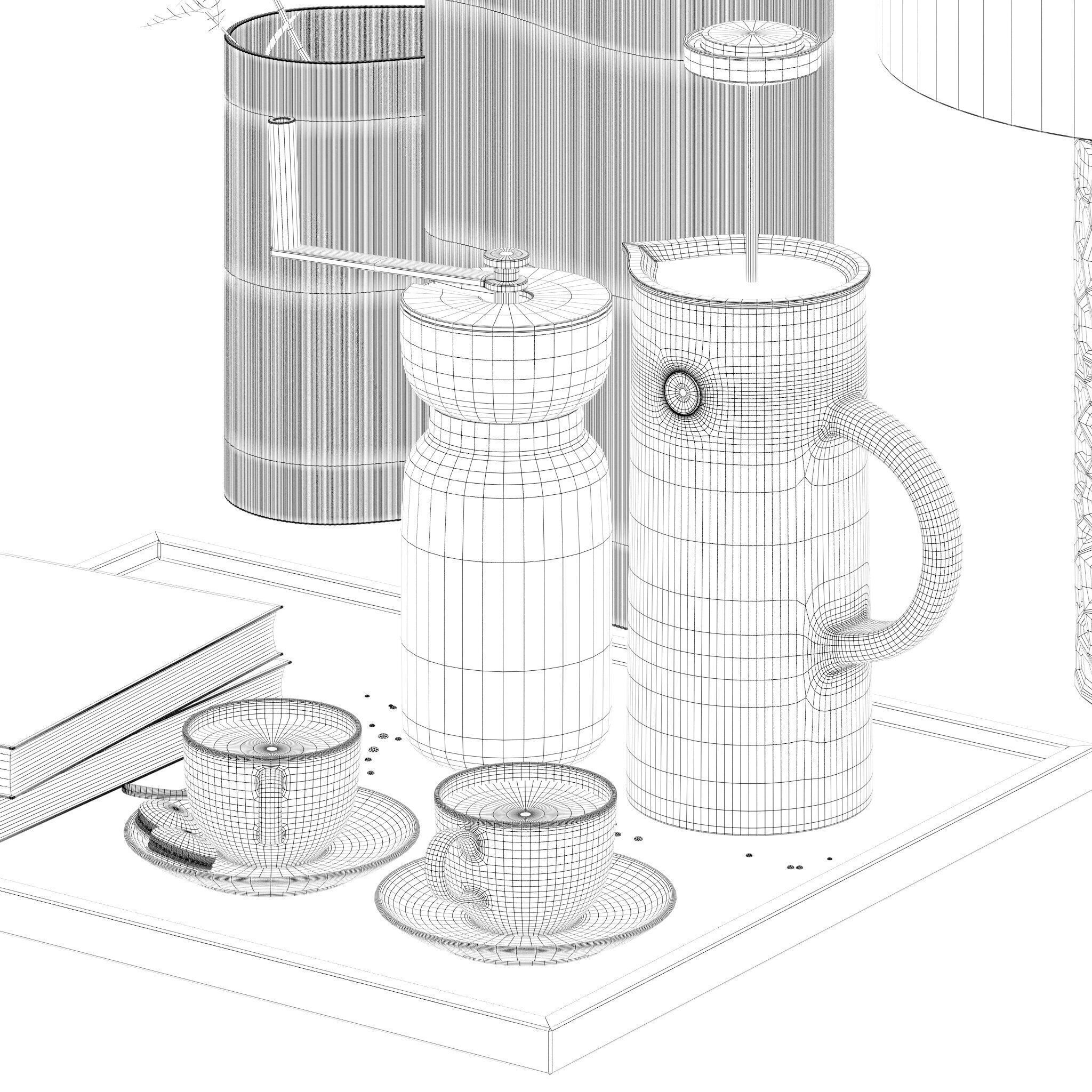 Coffee set 15 - tray pot cup books bouquet pot lamp 3D model_17