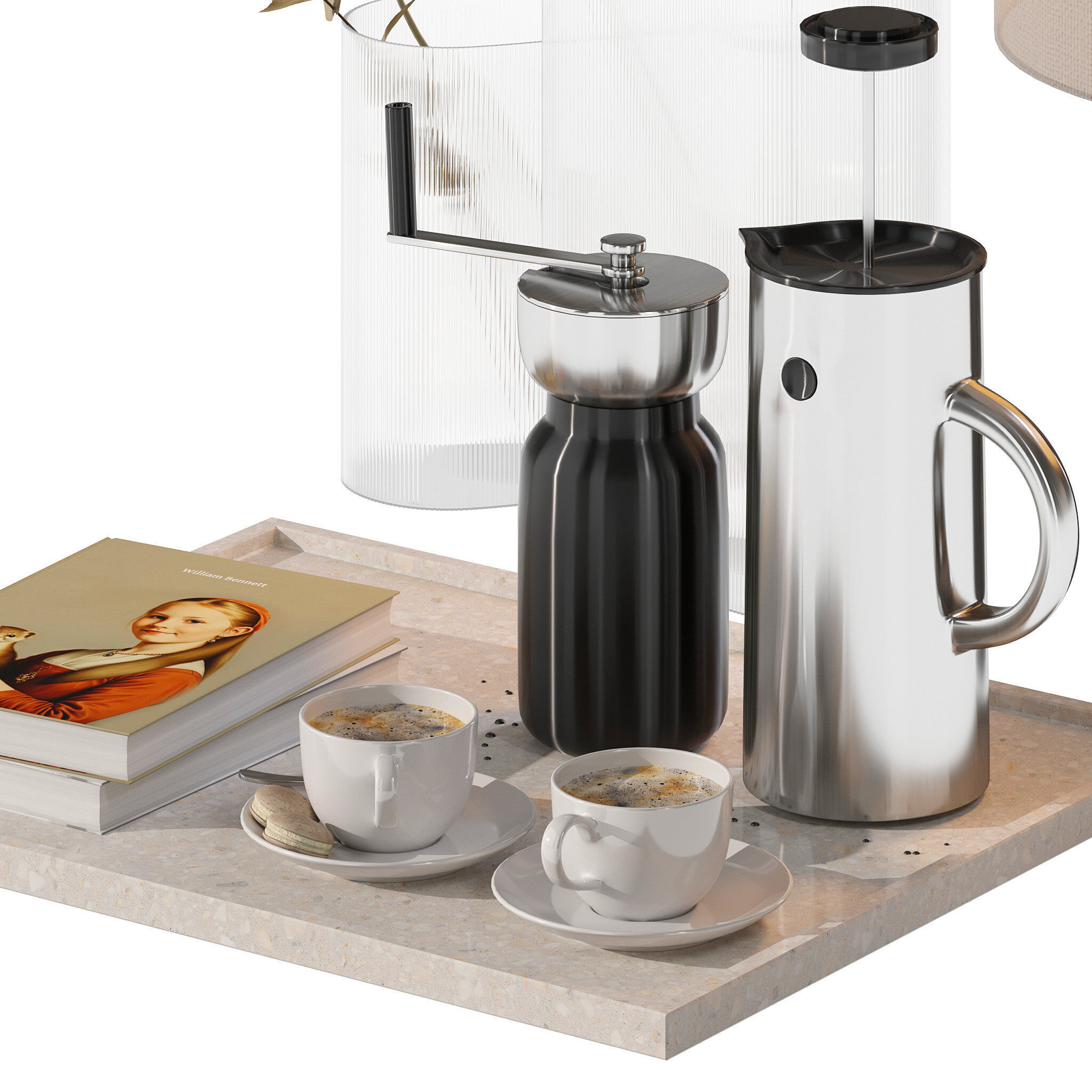 Coffee set 15 - tray pot cup books bouquet pot lamp 3D model_8