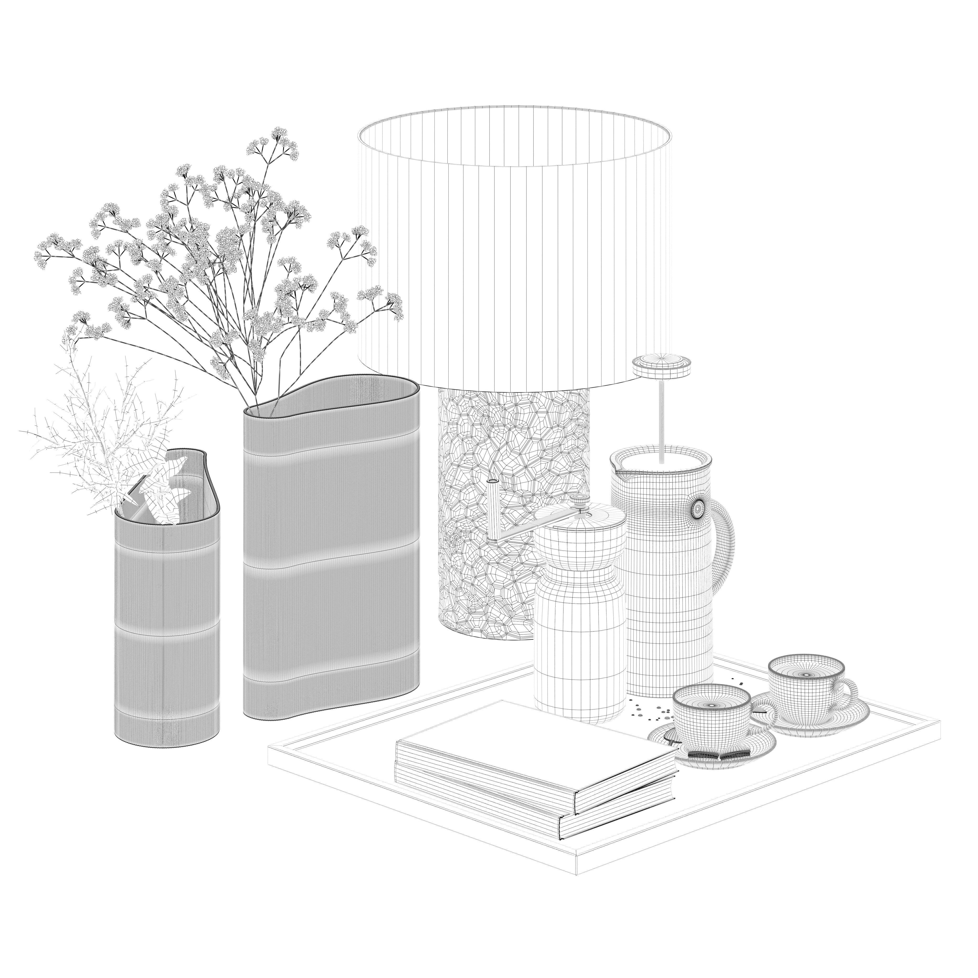 Coffee set 15 - tray pot cup books bouquet pot lamp 3D model_15