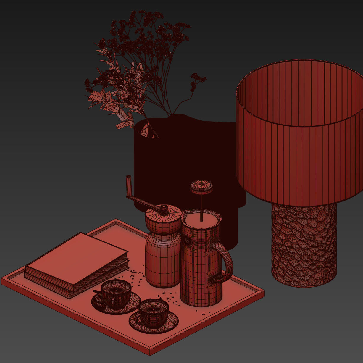 Coffee set 15 - tray pot cup books bouquet pot lamp 3D model_24