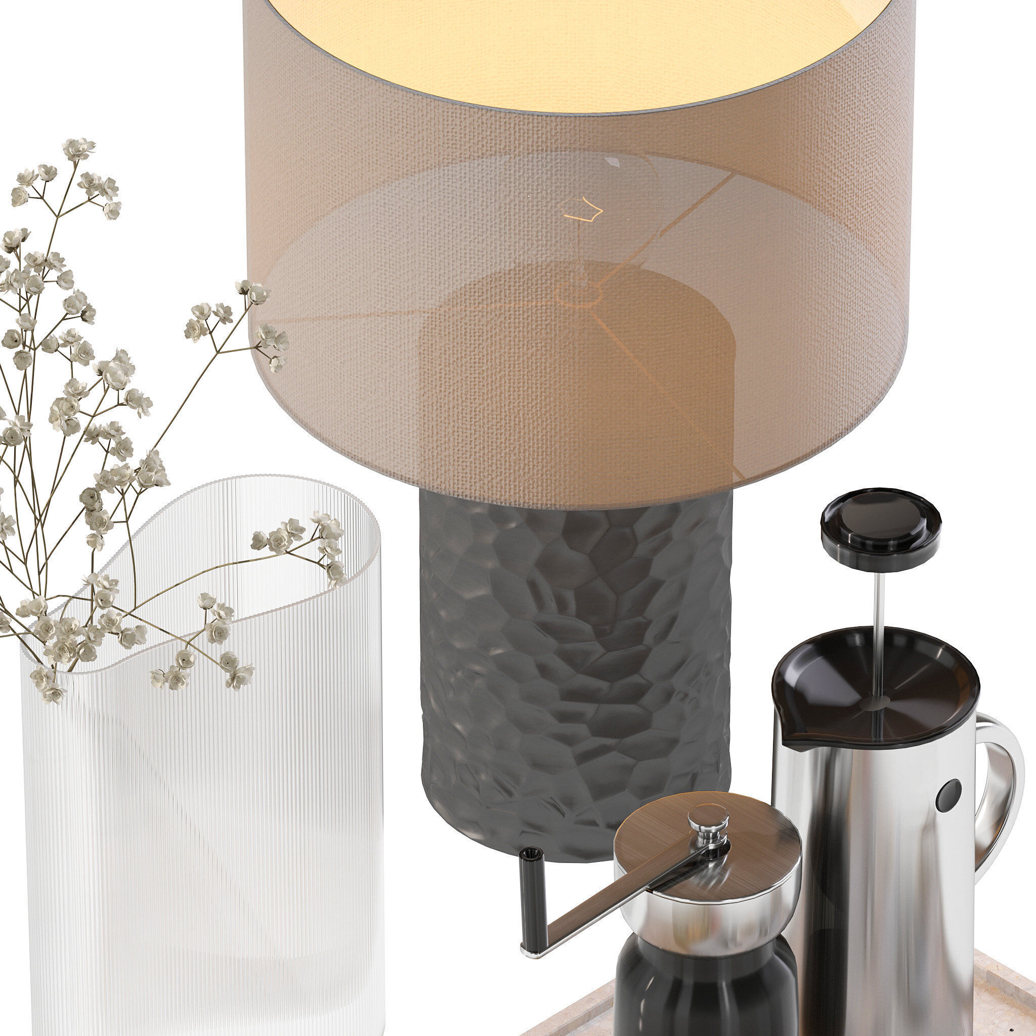 Coffee set 15 - tray pot cup books bouquet pot lamp 3D model_12