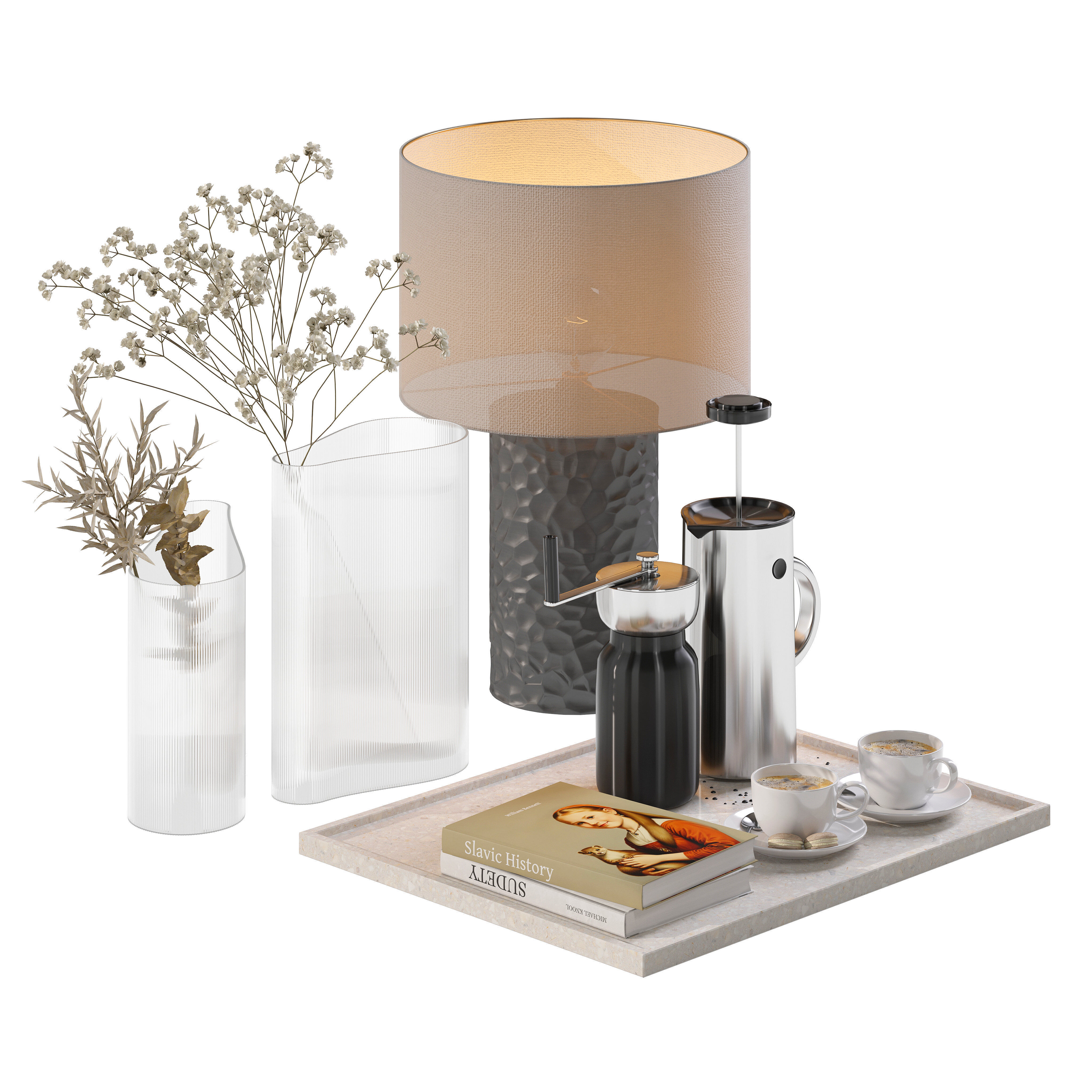 Coffee set 15 - tray pot cup books bouquet pot lamp 3D model_2
