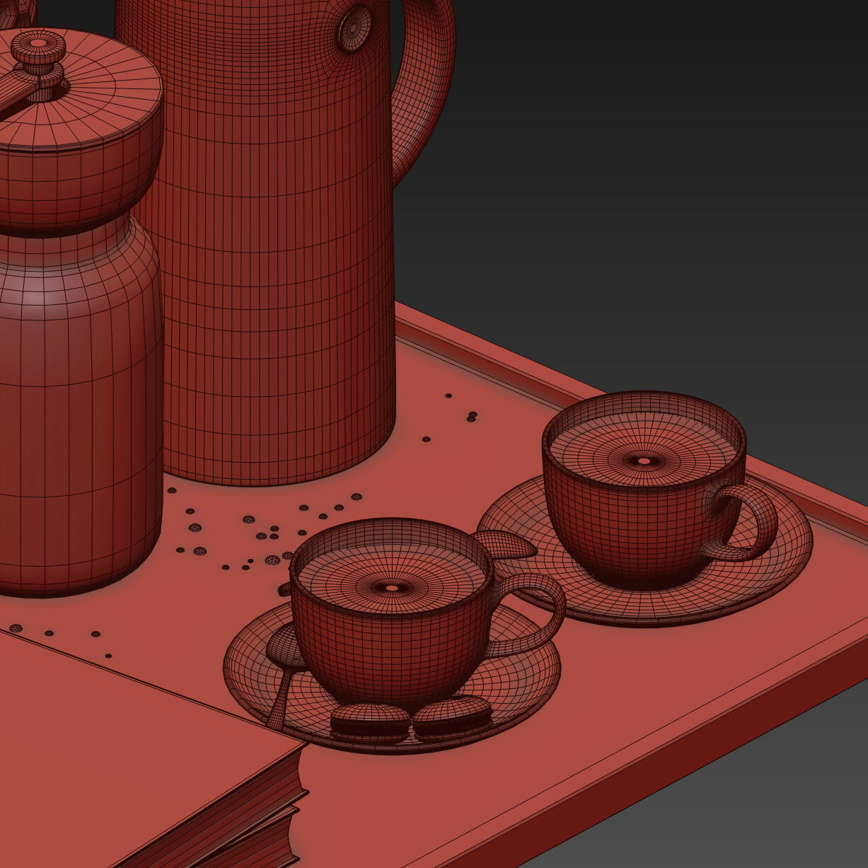 Coffee set 15 - tray pot cup books bouquet pot lamp 3D model_25