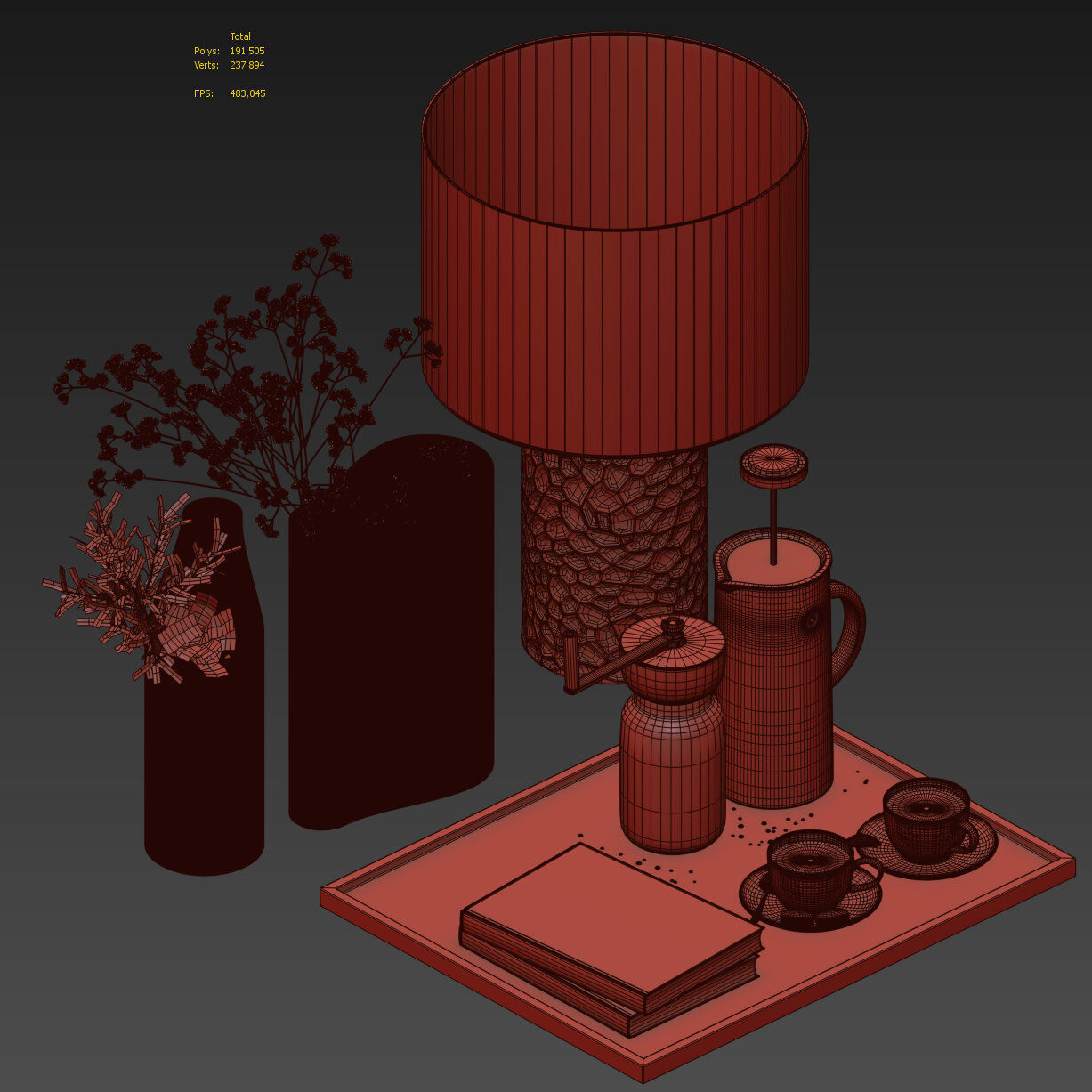 Coffee set 15 - tray pot cup books bouquet pot lamp 3D model_22