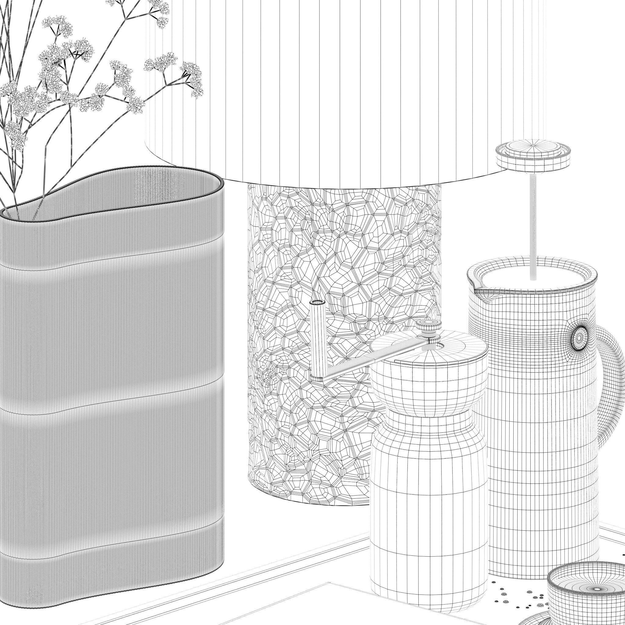 Coffee set 15 - tray pot cup books bouquet pot lamp 3D model_19