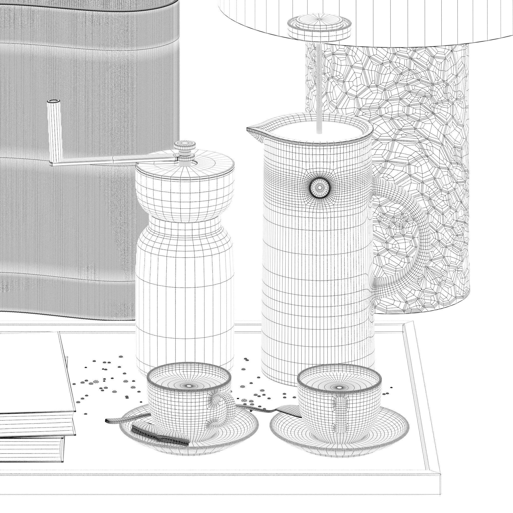 Coffee set 15 - tray pot cup books bouquet pot lamp 3D model_21