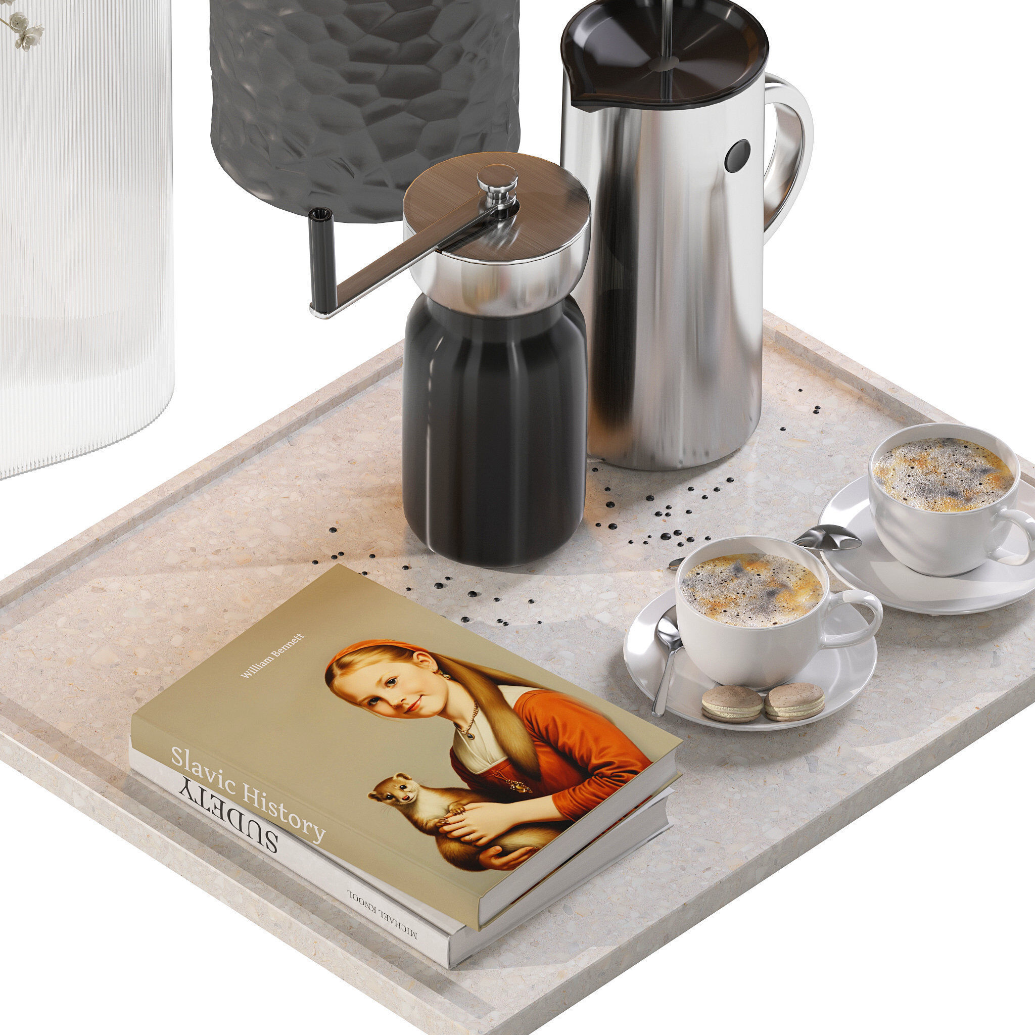 Coffee set 15 - tray pot cup books bouquet pot lamp 3D model_11