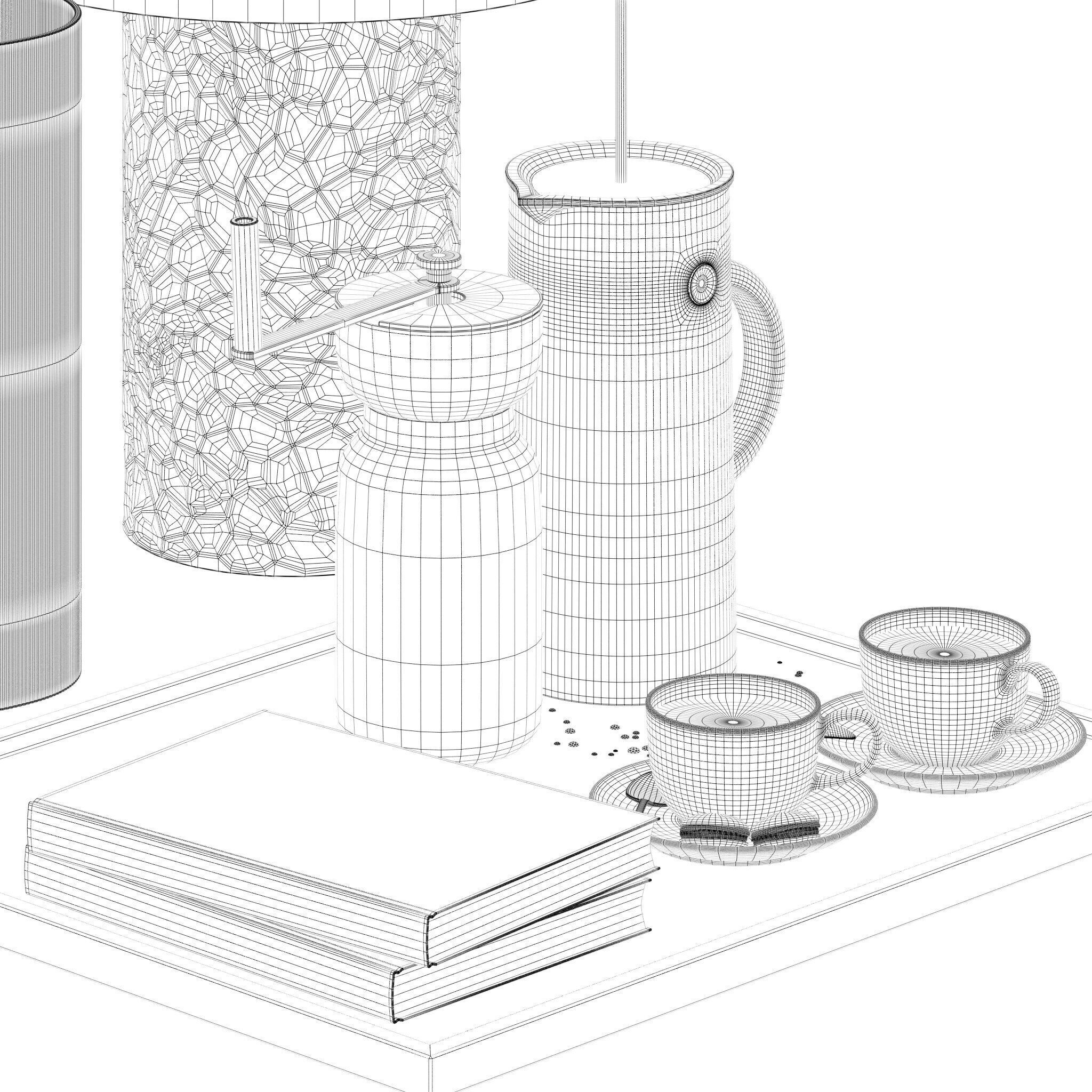 Coffee set 15 - tray pot cup books bouquet pot lamp 3D model_20