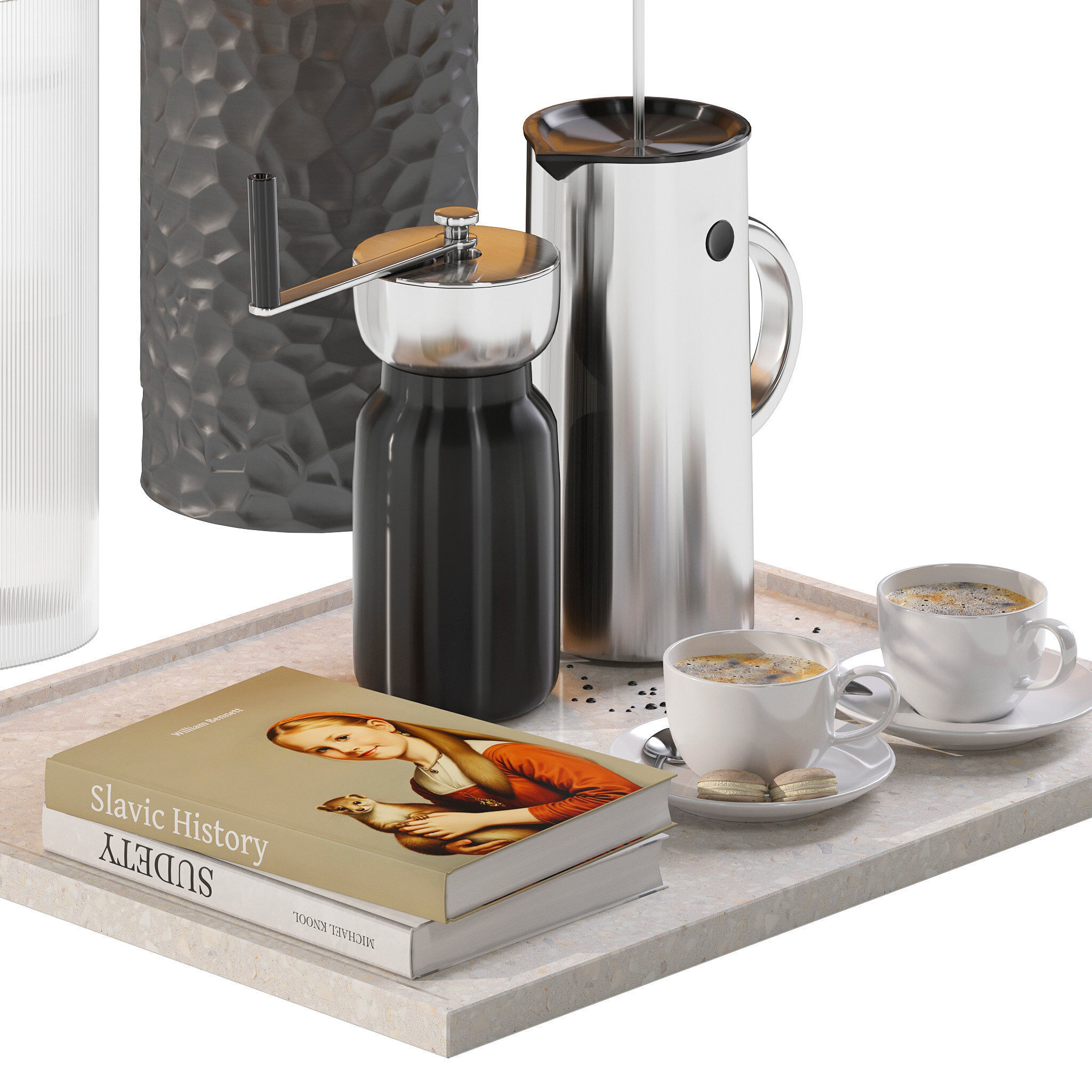 Coffee set 15 - tray pot cup books bouquet pot lamp 3D model_9