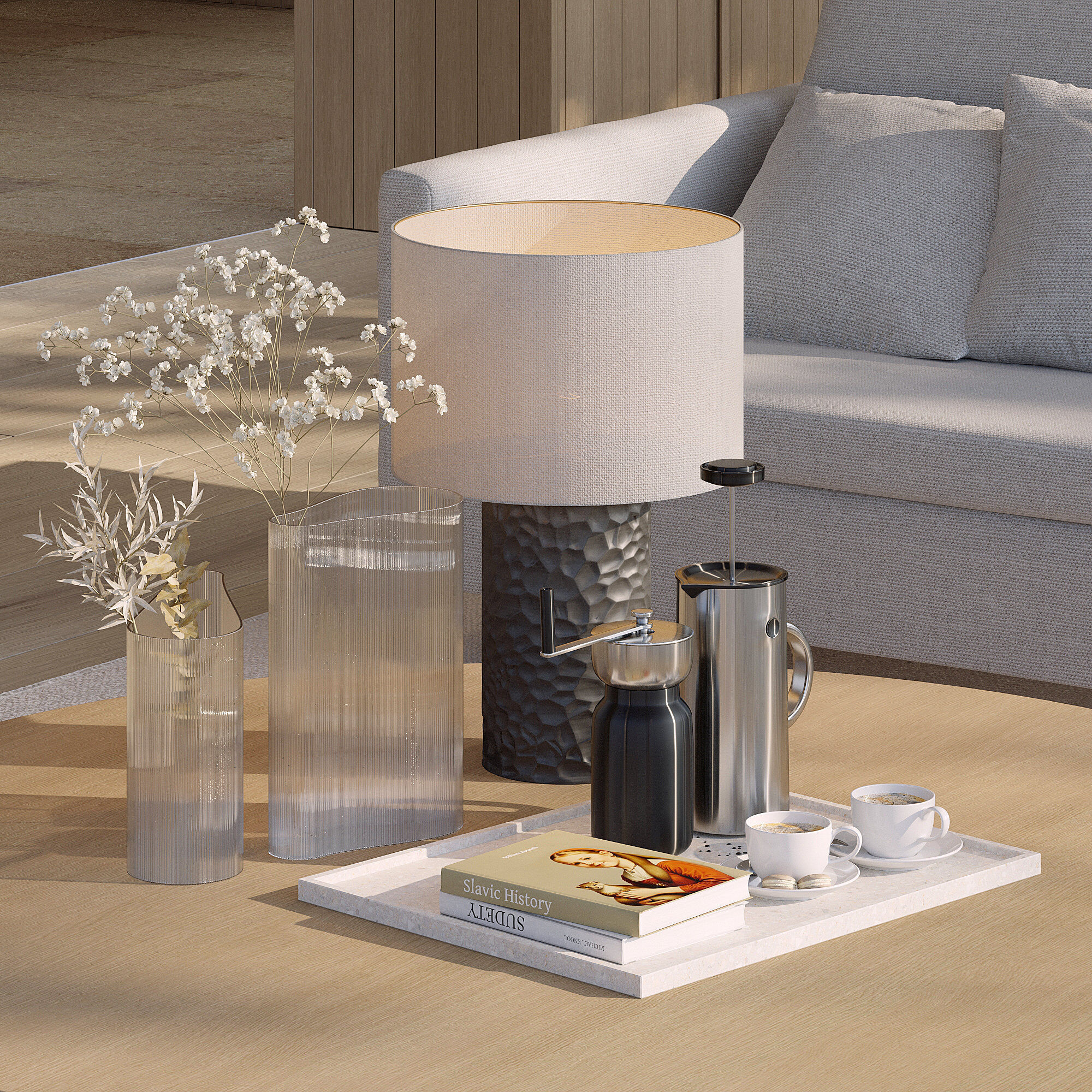 Coffee set 15 - tray pot cup books bouquet pot lamp 3D model_1