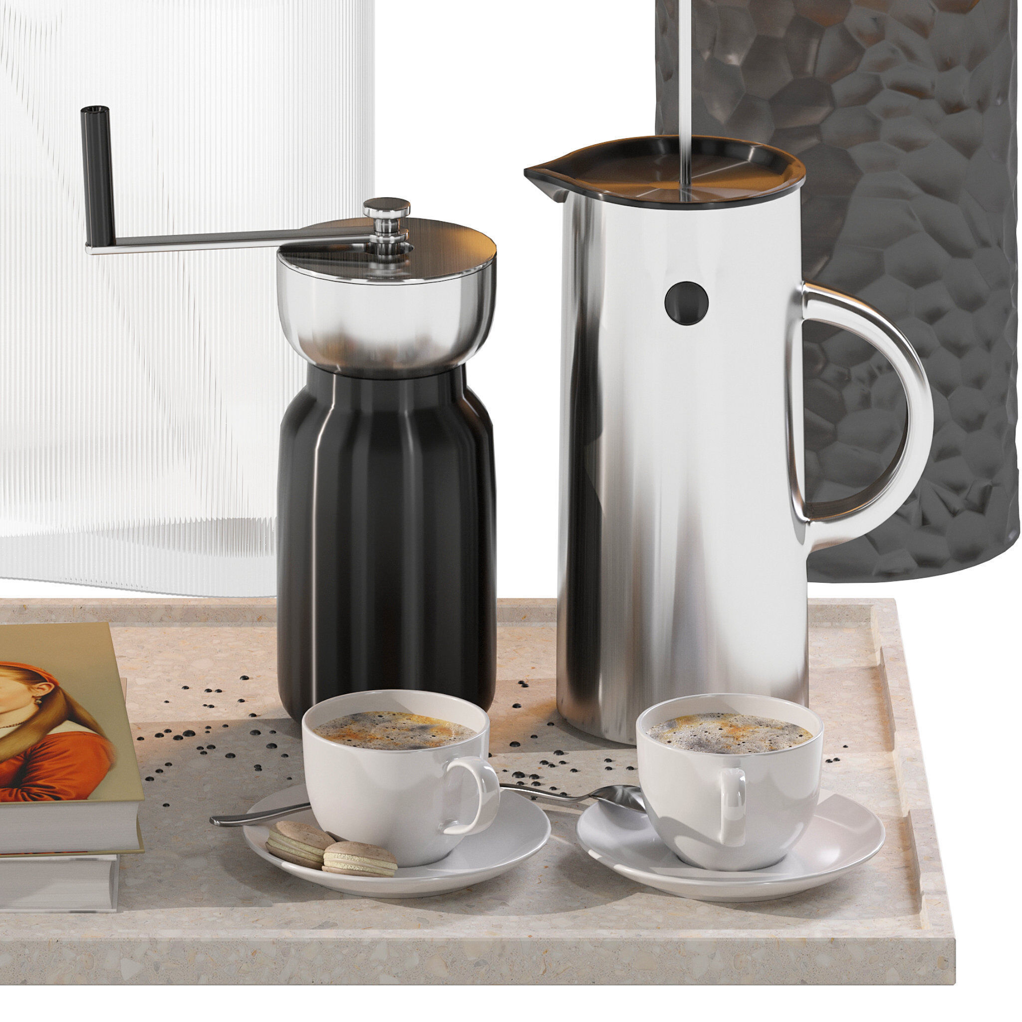 Coffee set 15 - tray pot cup books bouquet pot lamp 3D model_5