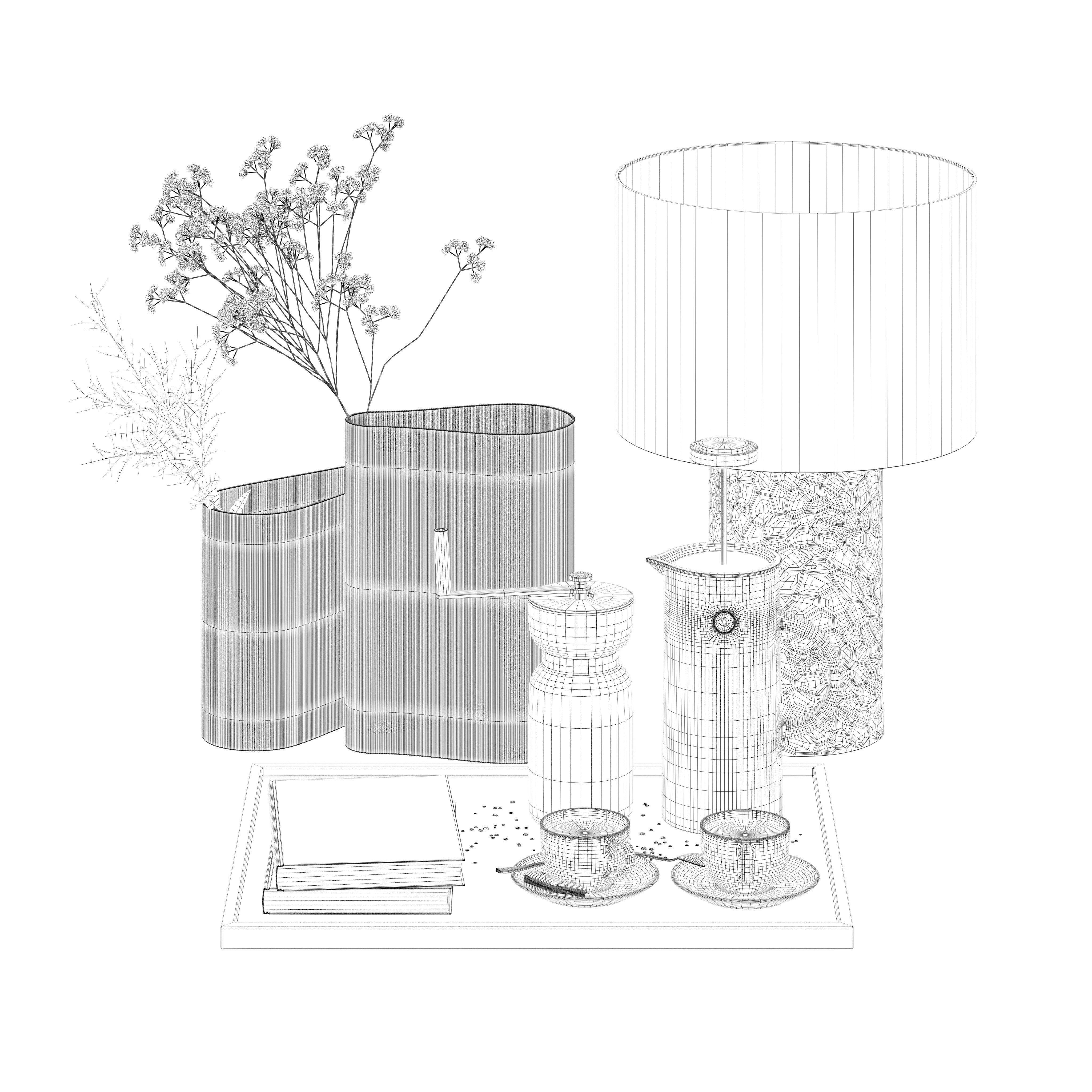Coffee set 15 - tray pot cup books bouquet pot lamp 3D model_14