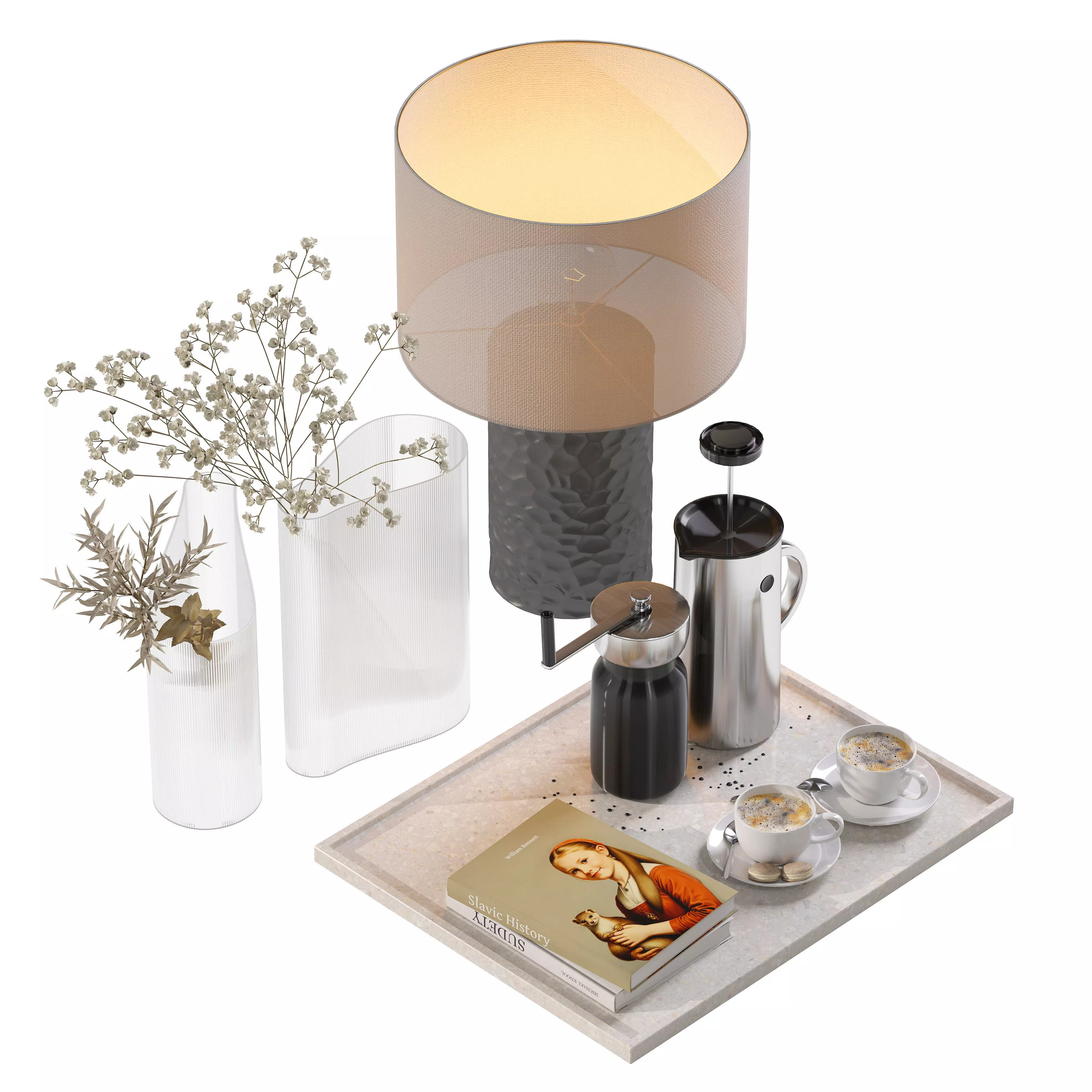 Coffee set 15 - tray pot cup books bouquet pot lamp 3D model_0