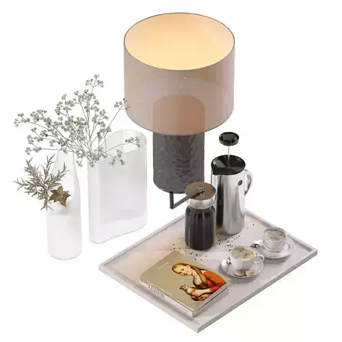 Coffee set 15 - tray pot cup books bouquet pot lamp 3D model