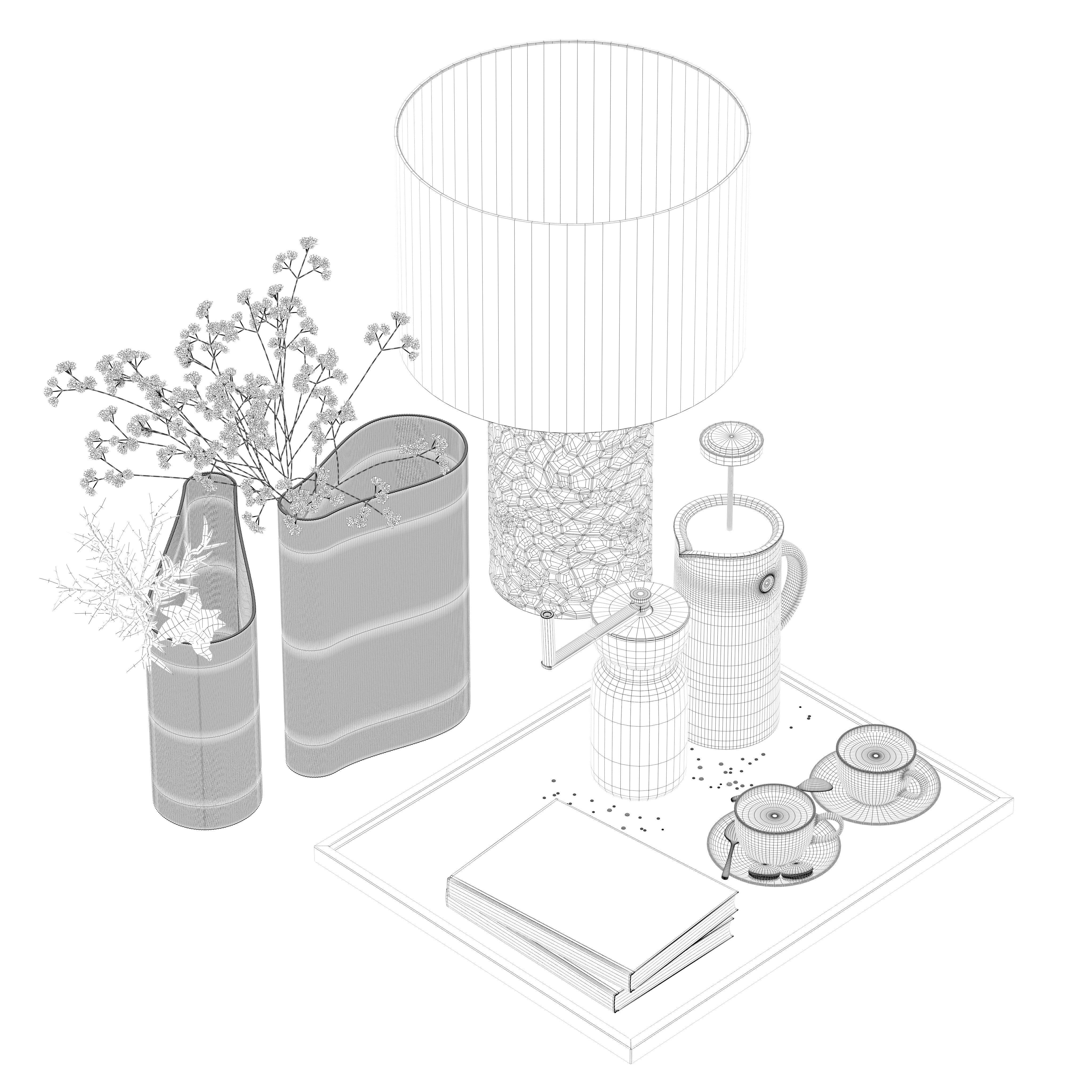 Coffee set 15 - tray pot cup books bouquet pot lamp 3D model_13