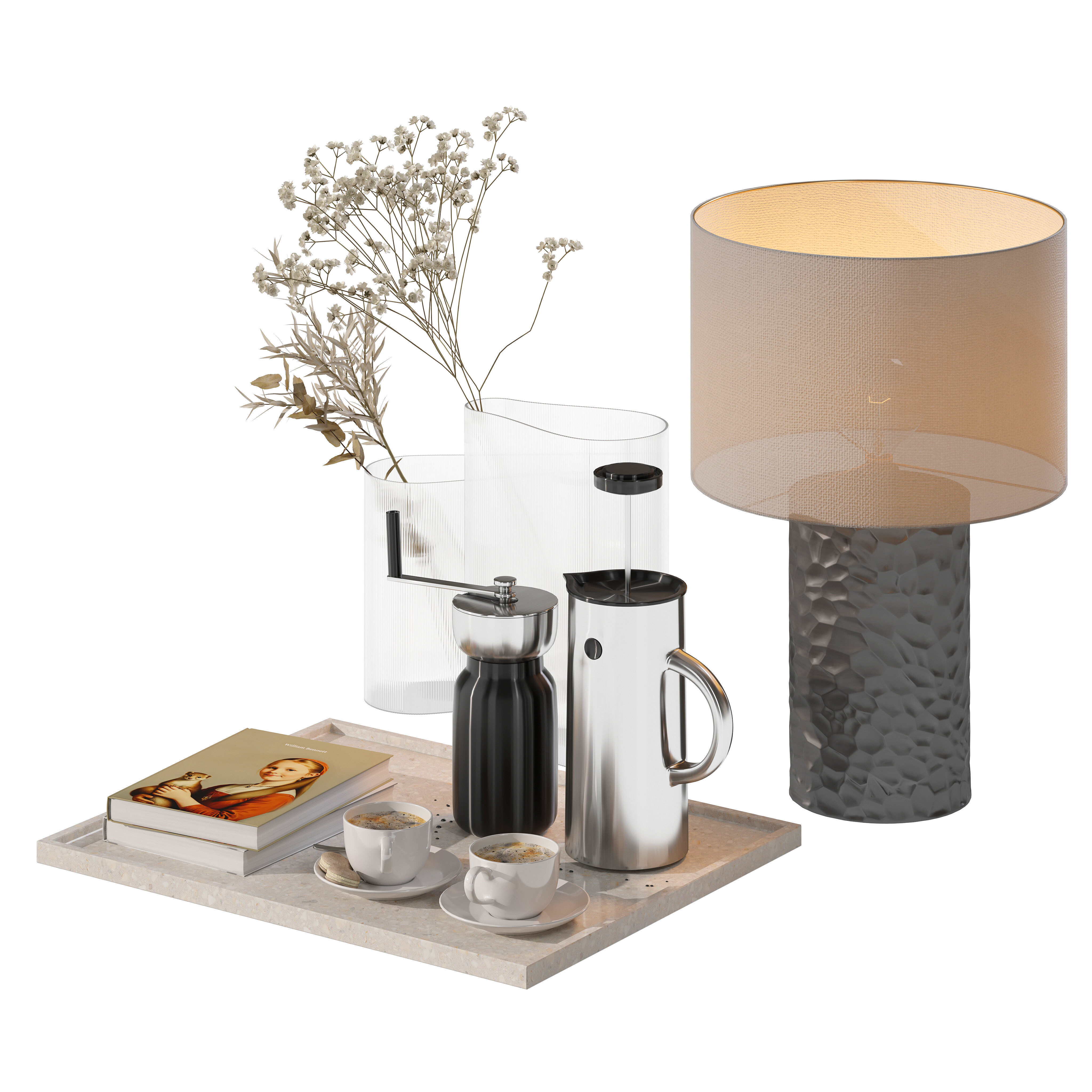 Coffee set 15 - tray pot cup books bouquet pot lamp 3D model_3