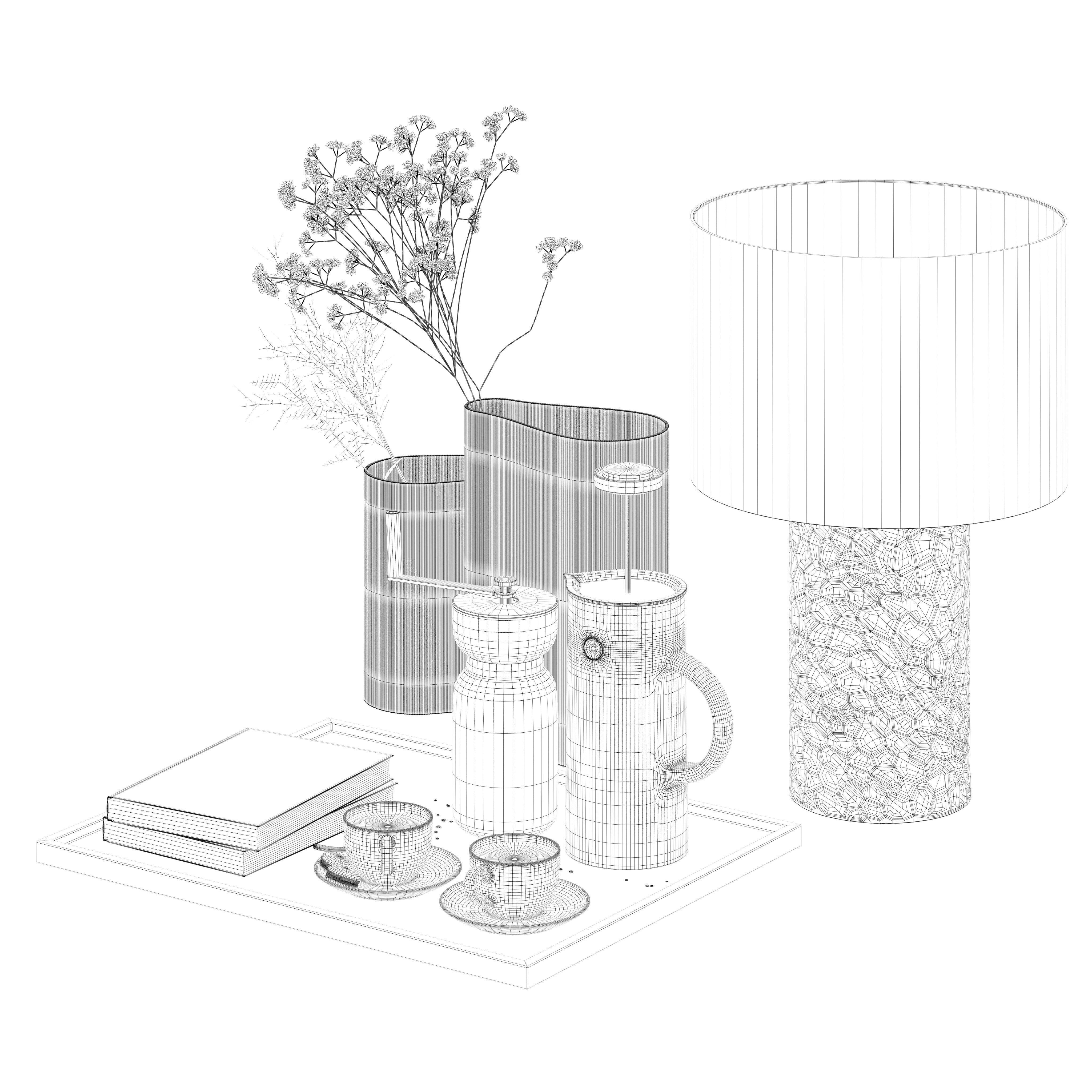 Coffee set 15 - tray pot cup books bouquet pot lamp 3D model_16