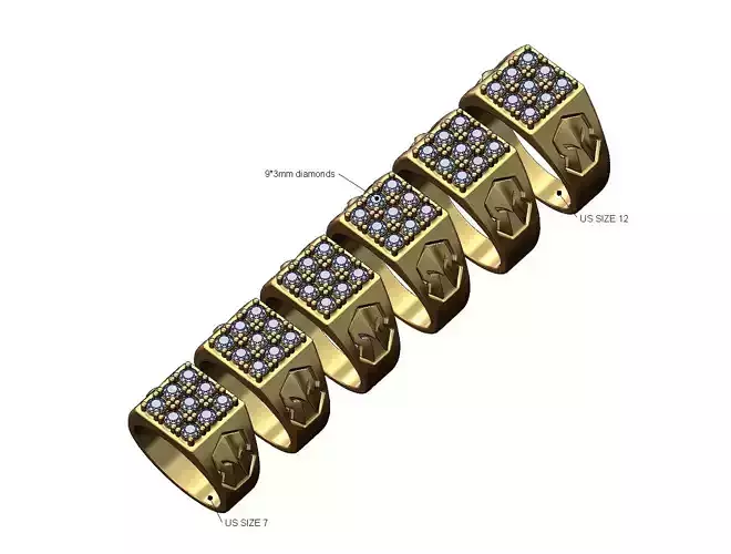 Square diamond spartan helmet sides signet ring US sizes 7to12