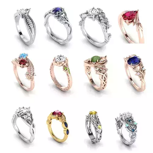Floral Engagement Wedding Ring for Women set 2 3D Model Collection