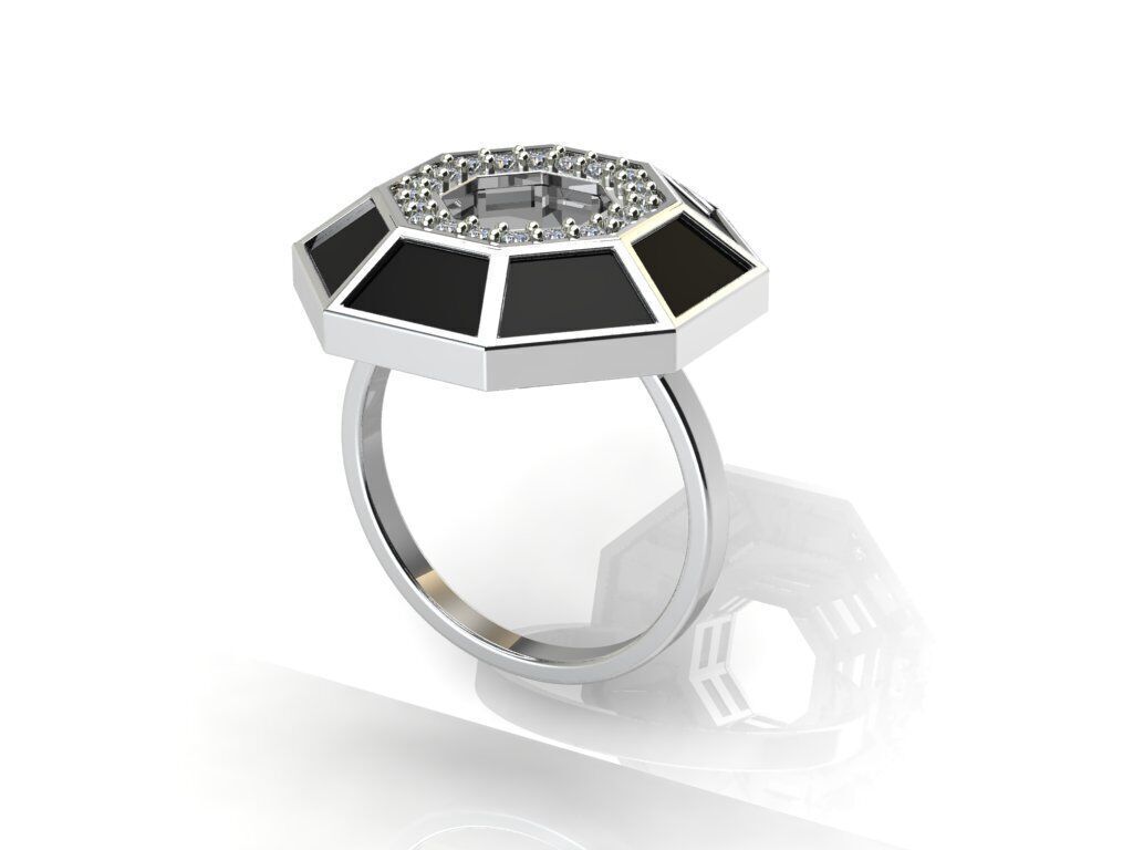 Silver ring with octagonal design and sparkling stones 3D print model_3
