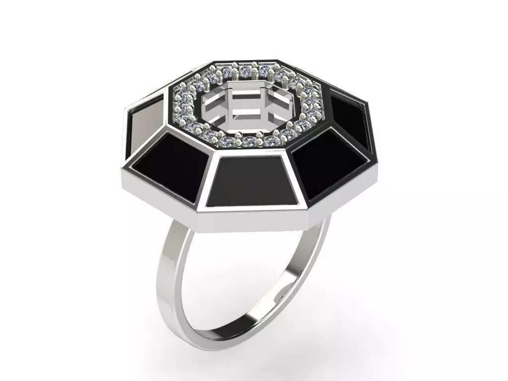 Silver ring with octagonal design and sparkling stones 3D print model_0