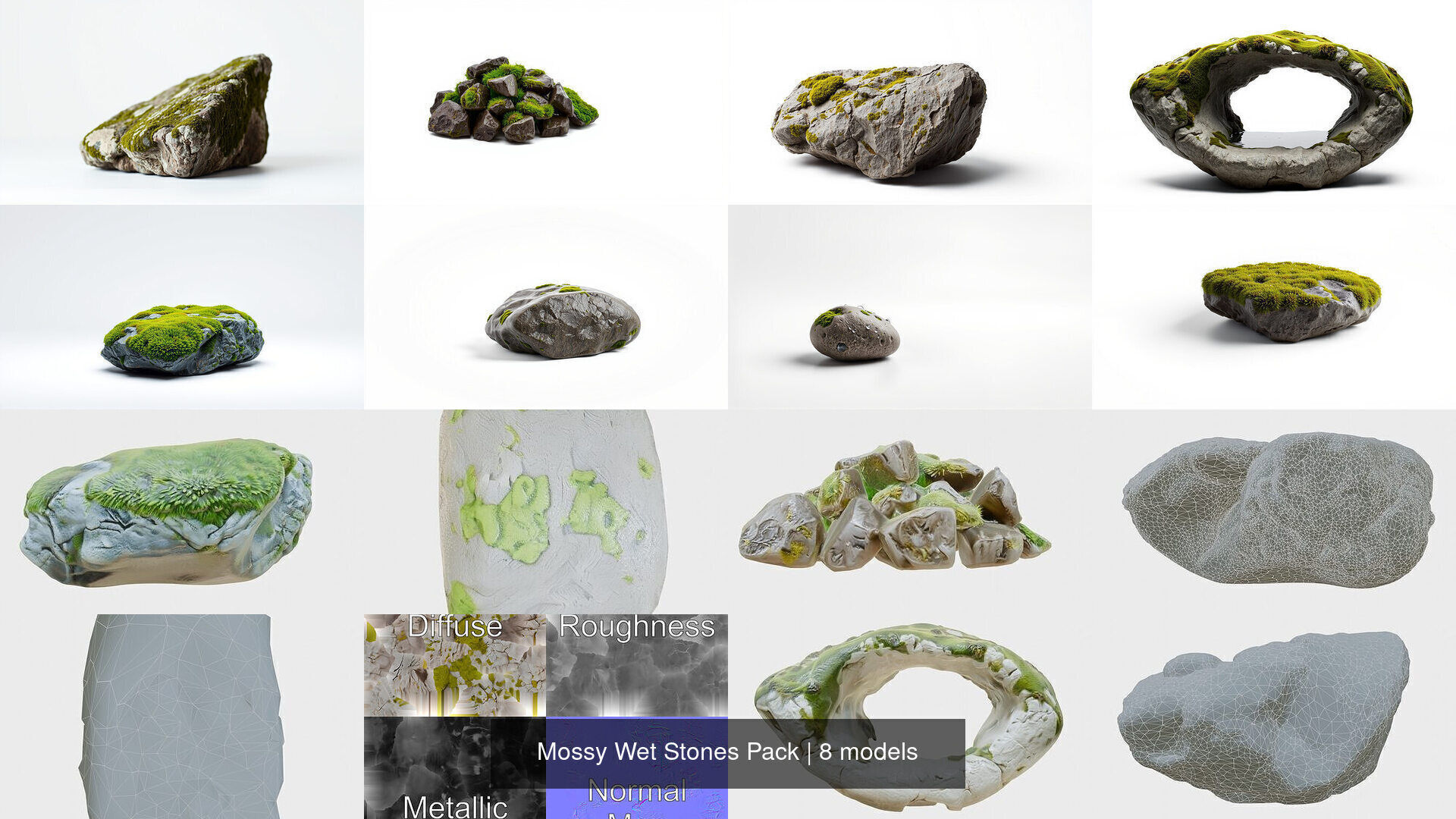 Mossy Wet Stones Pack 3D Model Collection_9