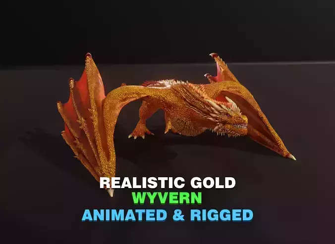 Realistic Gold Wyvern Animated Game-ready 3D Model Low-poly 3D model