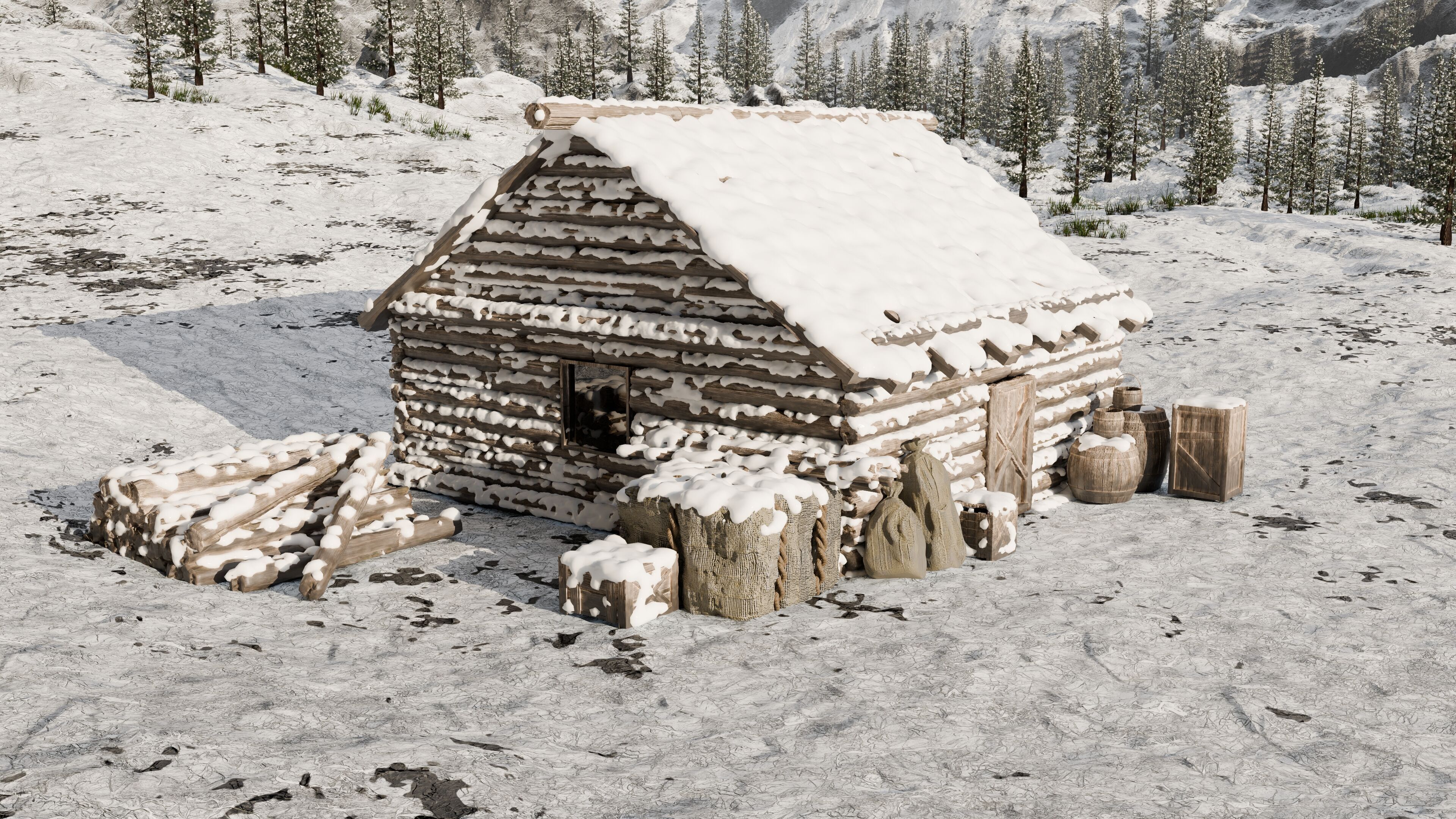 Snow landscape Cabin Scene 3D model_3