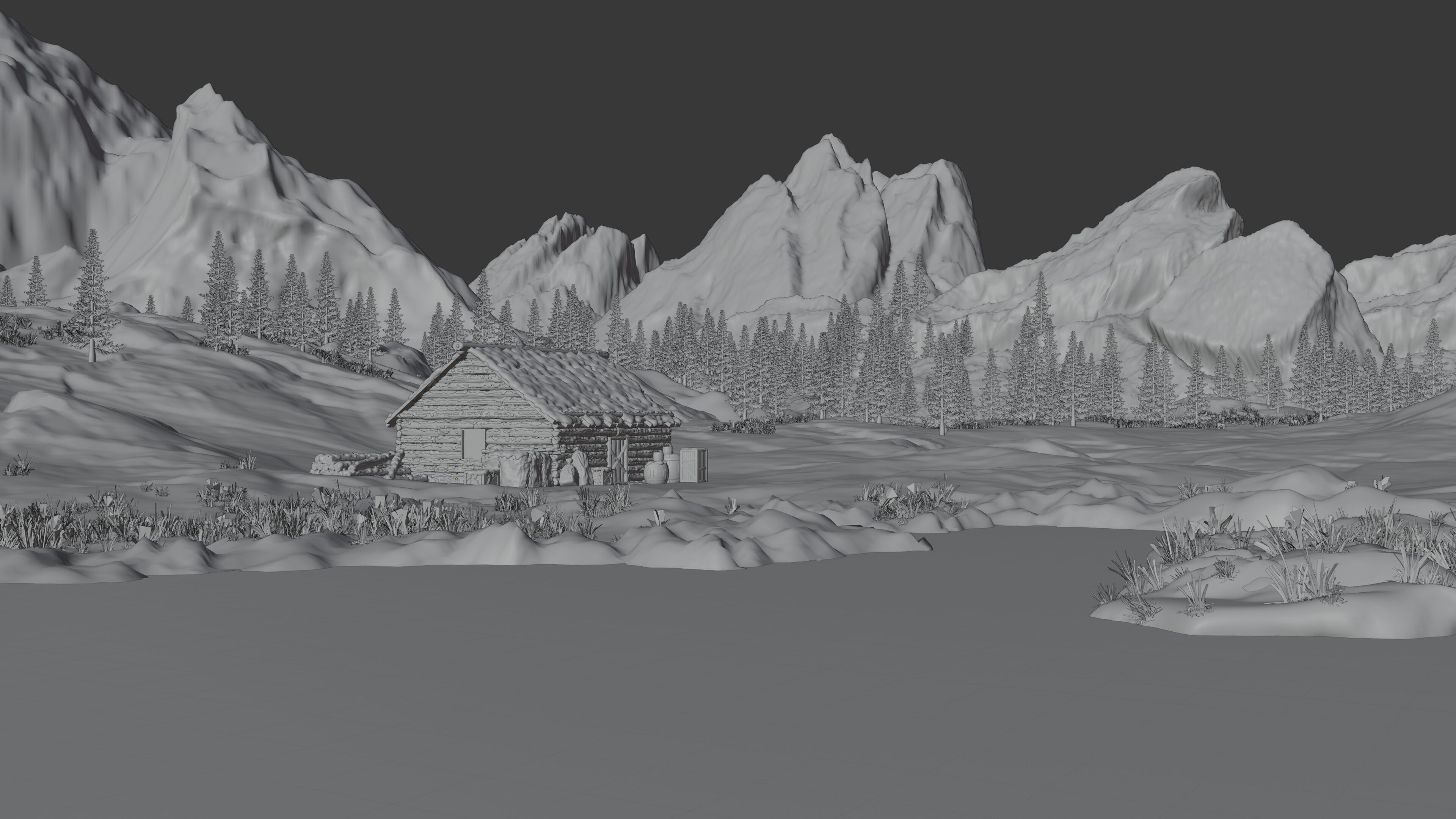 Snow landscape Cabin Scene 3D model_10