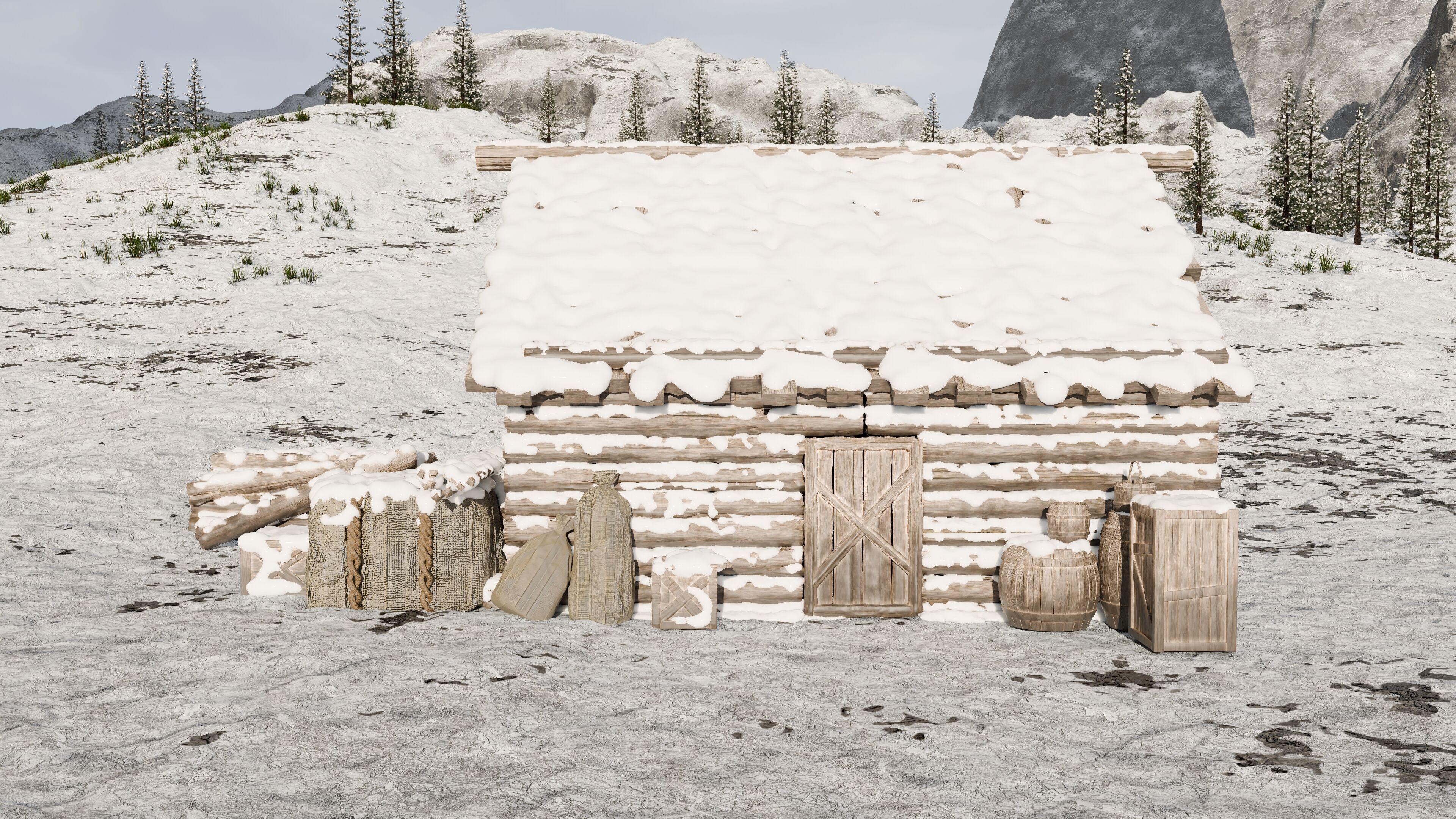 Snow landscape Cabin Scene 3D model_4