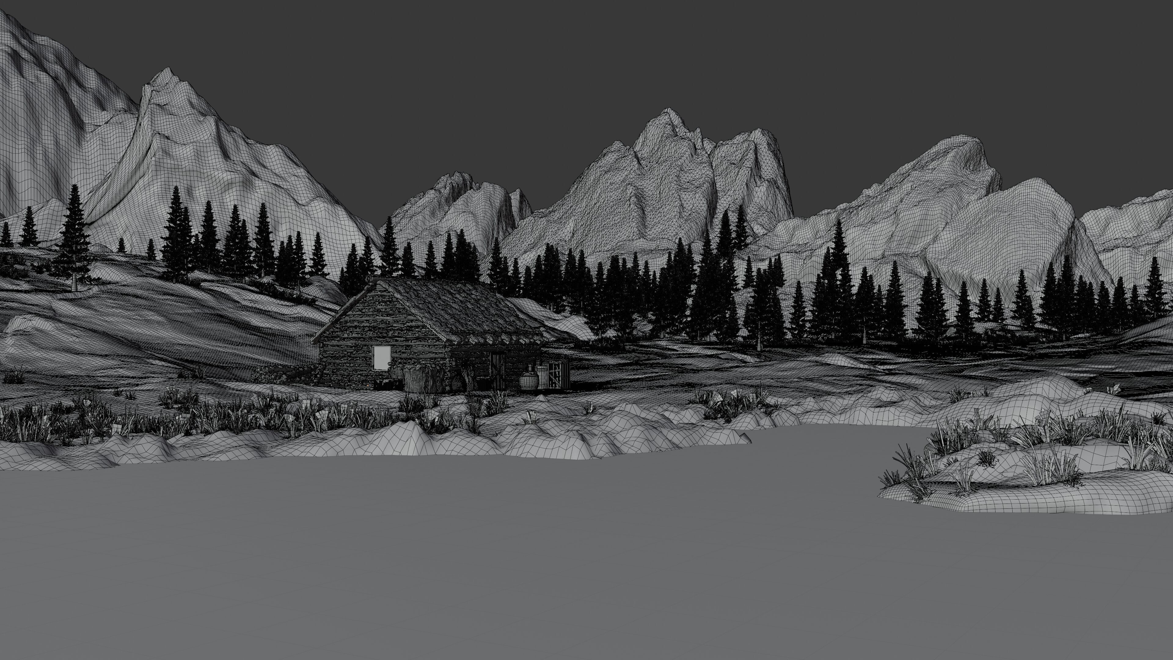 Snow landscape Cabin Scene 3D model_11