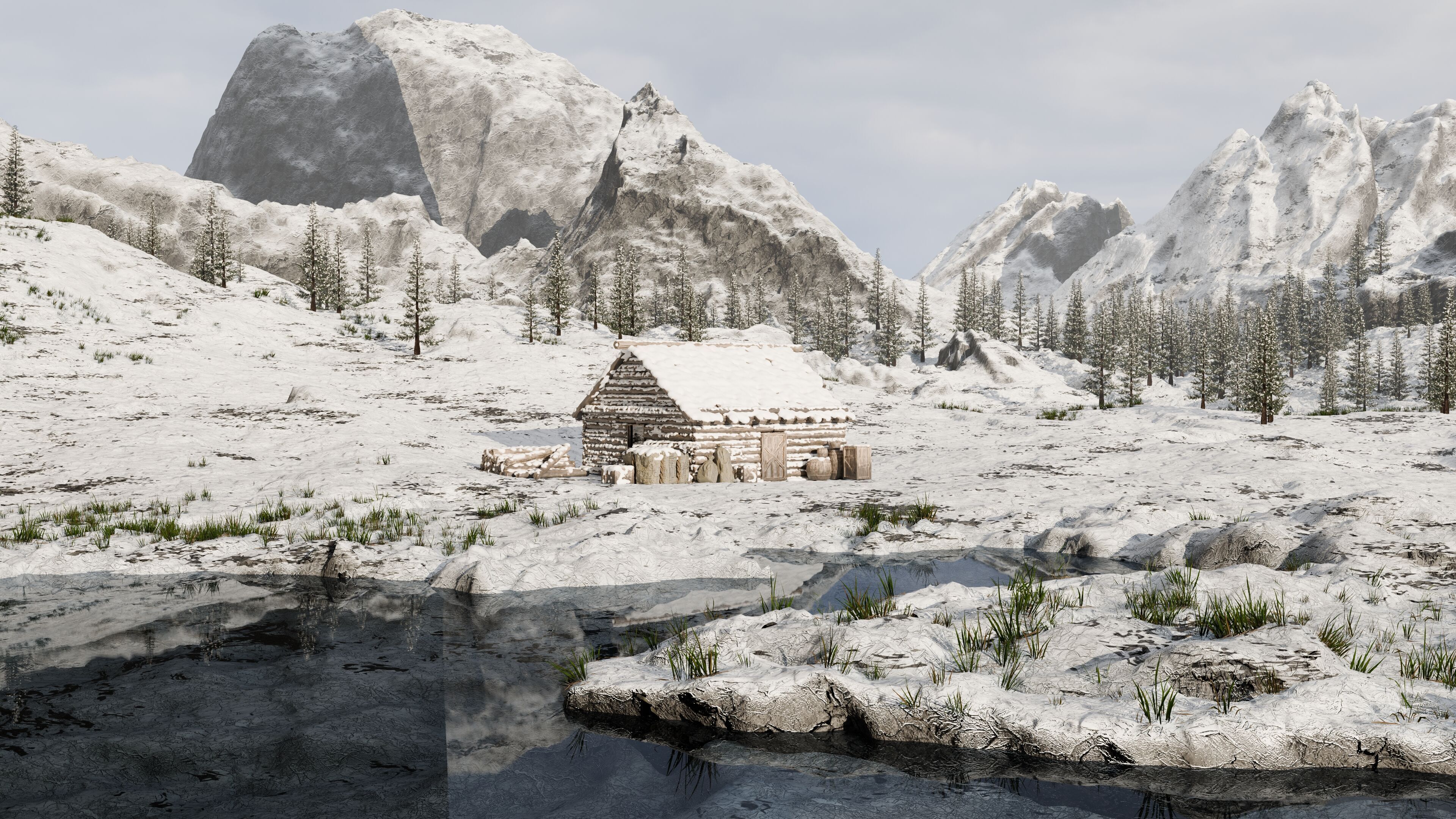 Snow landscape Cabin Scene 3D model_1