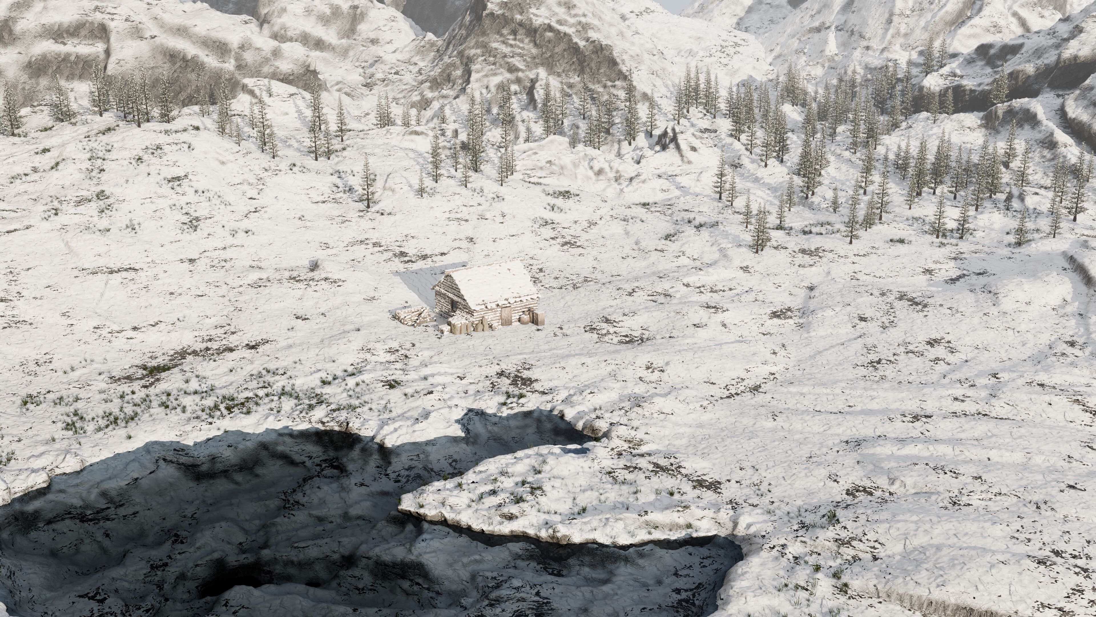 Snow landscape Cabin Scene 3D model_6