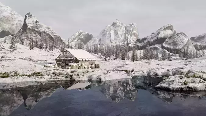 Snow landscape Cabin Scene 3D model