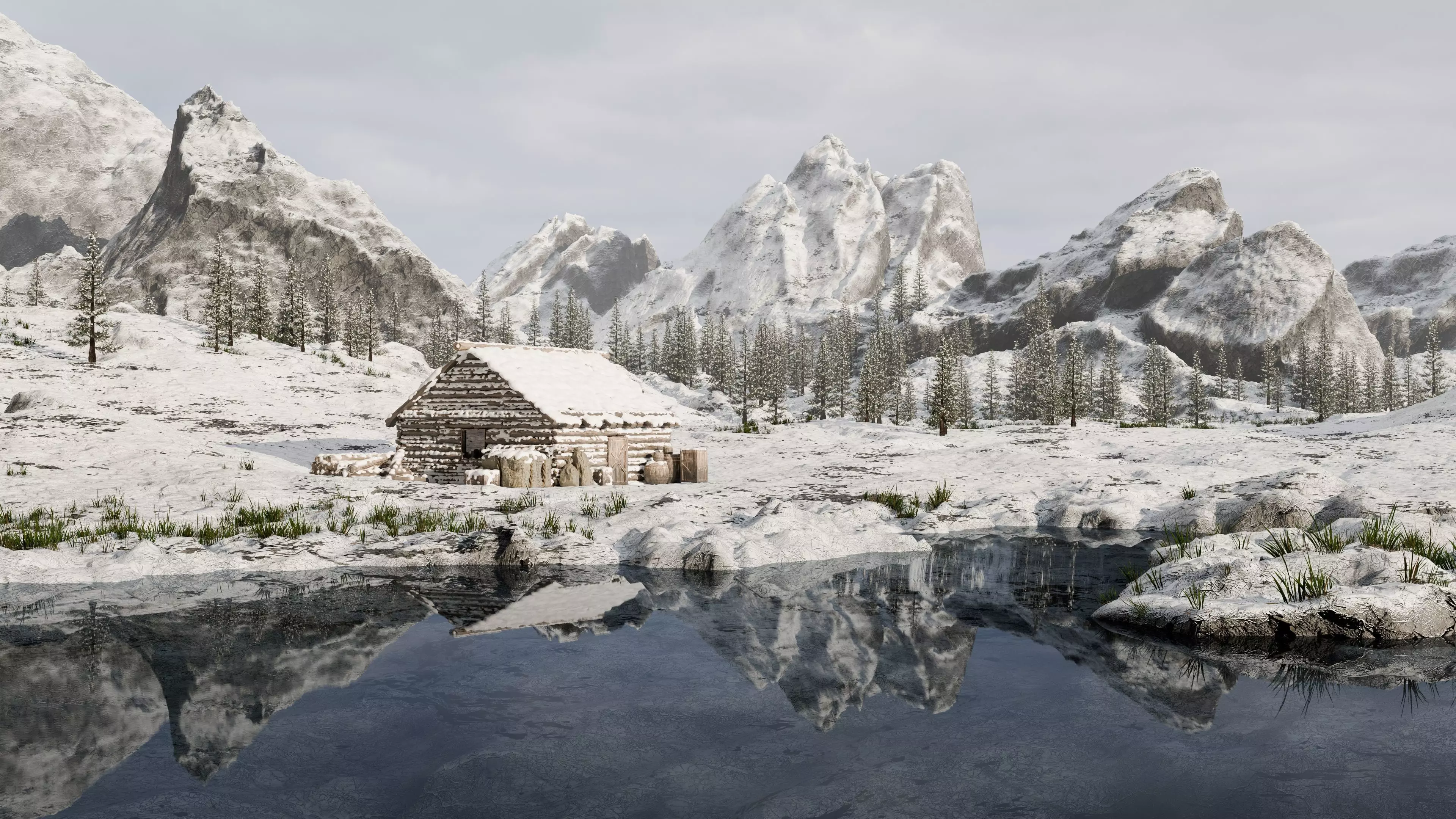 Snow landscape Cabin Scene 3D model_0
