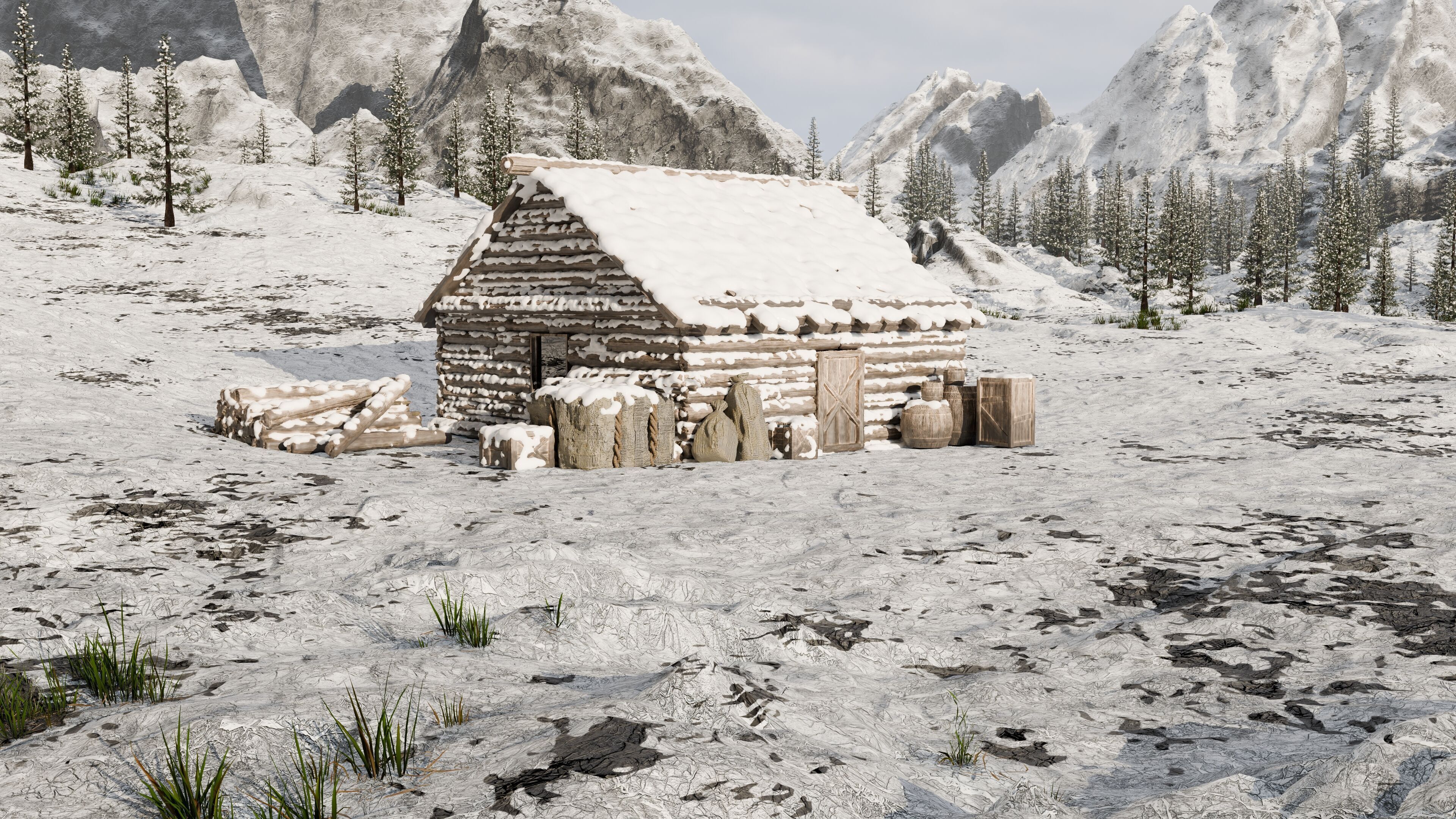 Snow landscape Cabin Scene 3D model_2