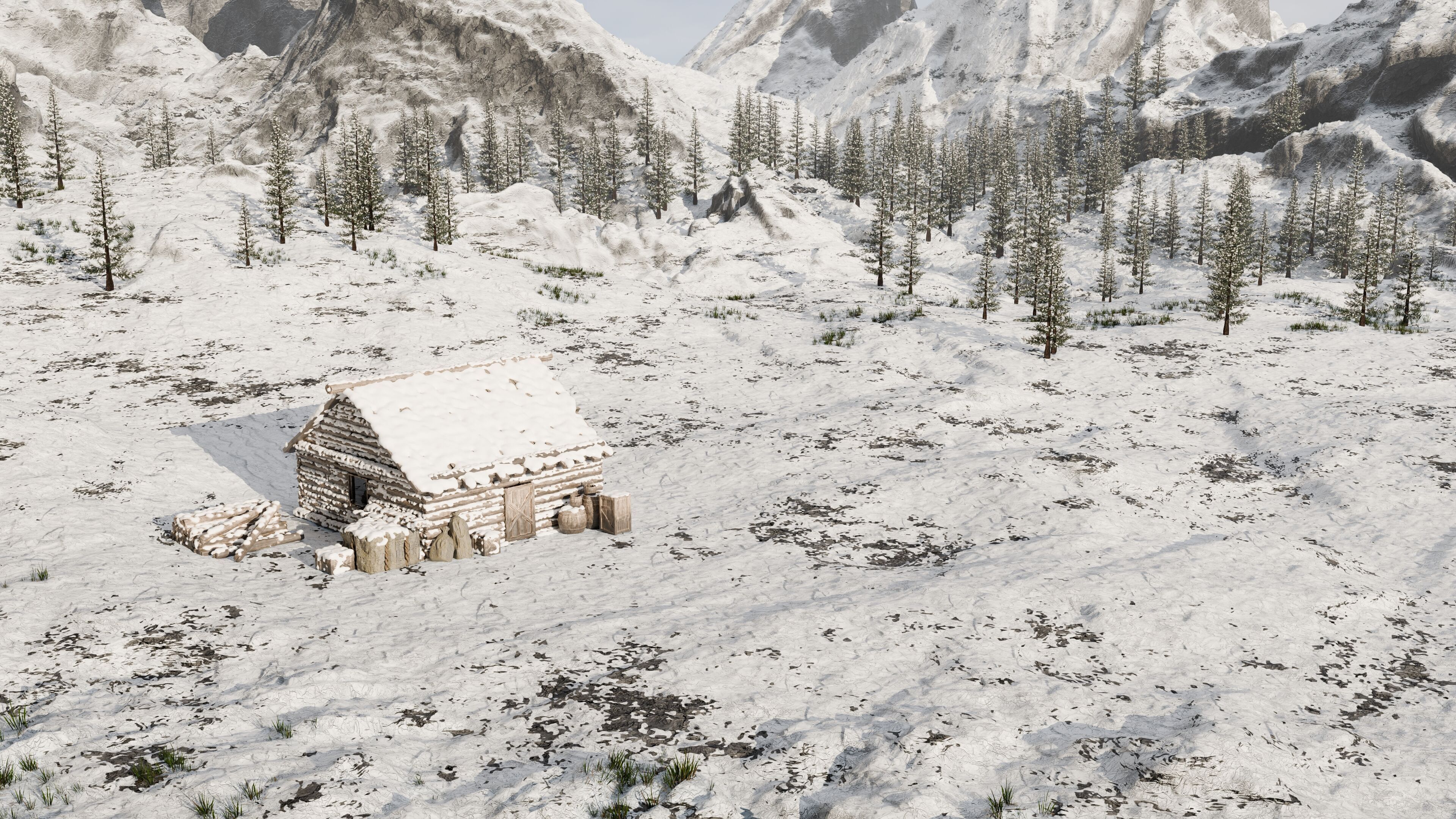 Snow landscape Cabin Scene 3D model_5